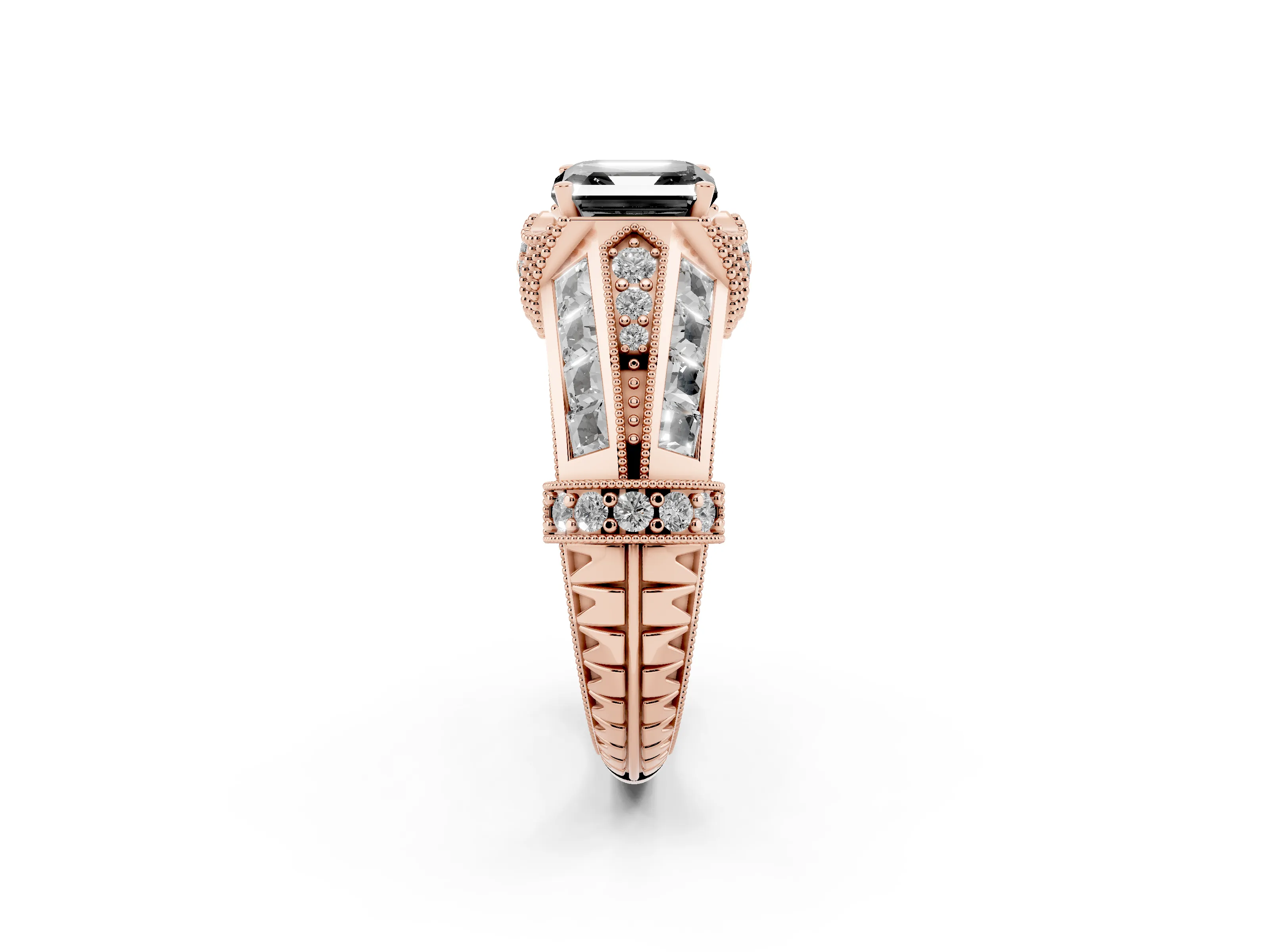 Fancy Black Asscher Cut Diamond Vintage-Inspired Milgrain Ring Set in Rose gold with Accent Split Shank