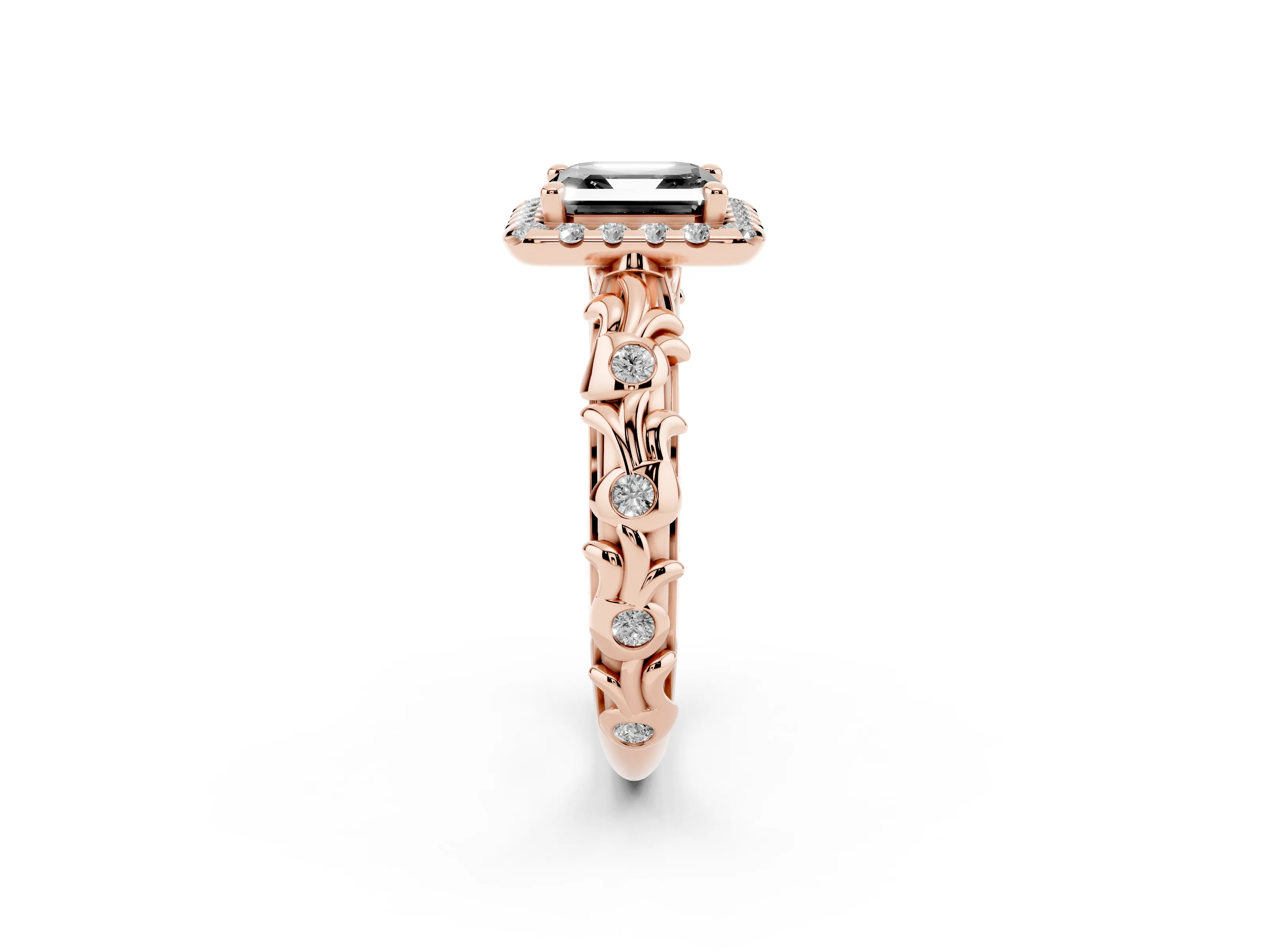 Fancy Black Asscher Cut Diamond Halo Ring Set in Rose gold with Filigree Leaf Band and Prong Setting