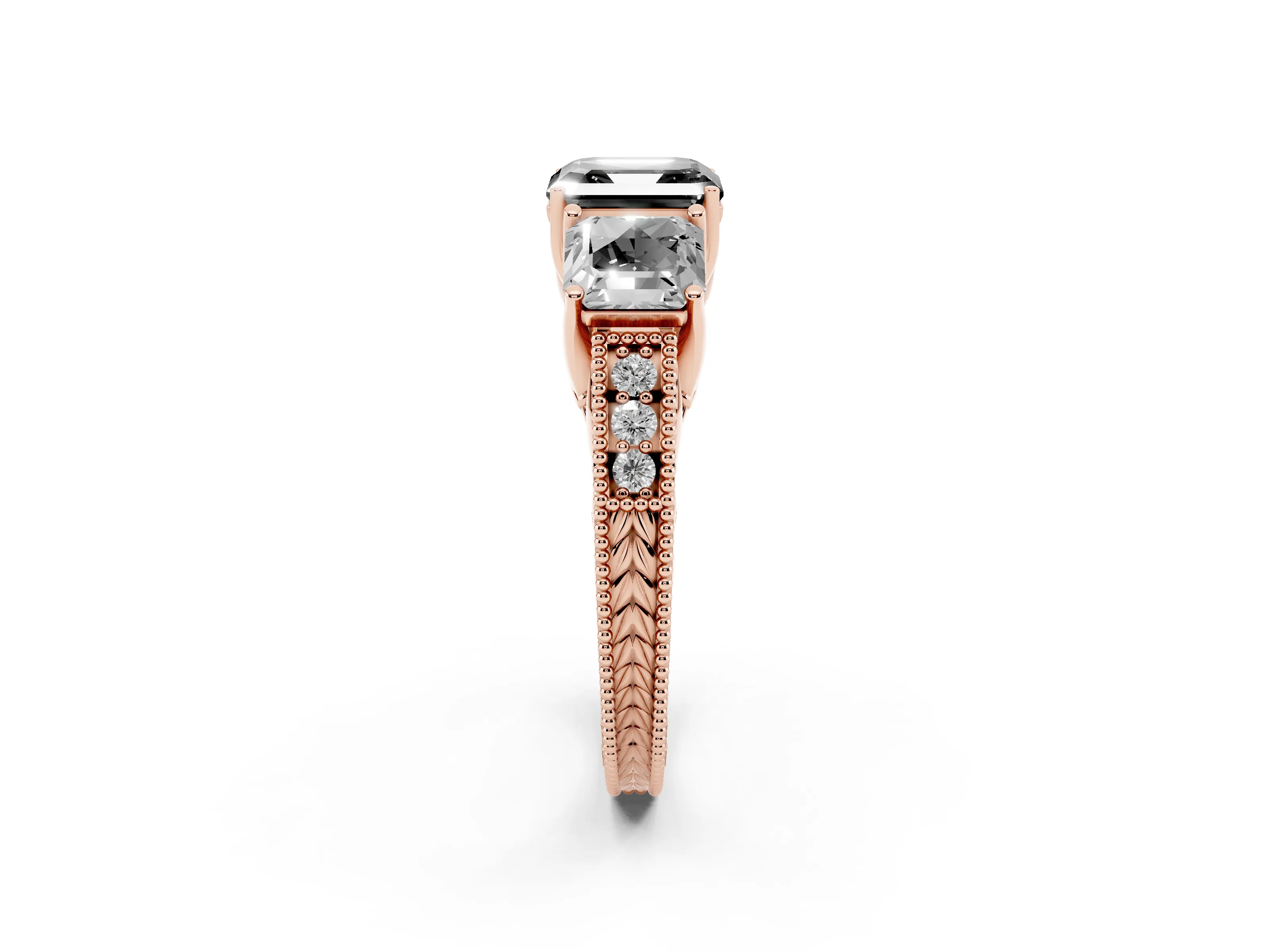 Fancy Black Asscher Cut Diamond Three-Stone Engagement Ring Set in Rose gold with Milgrain Pavé Band