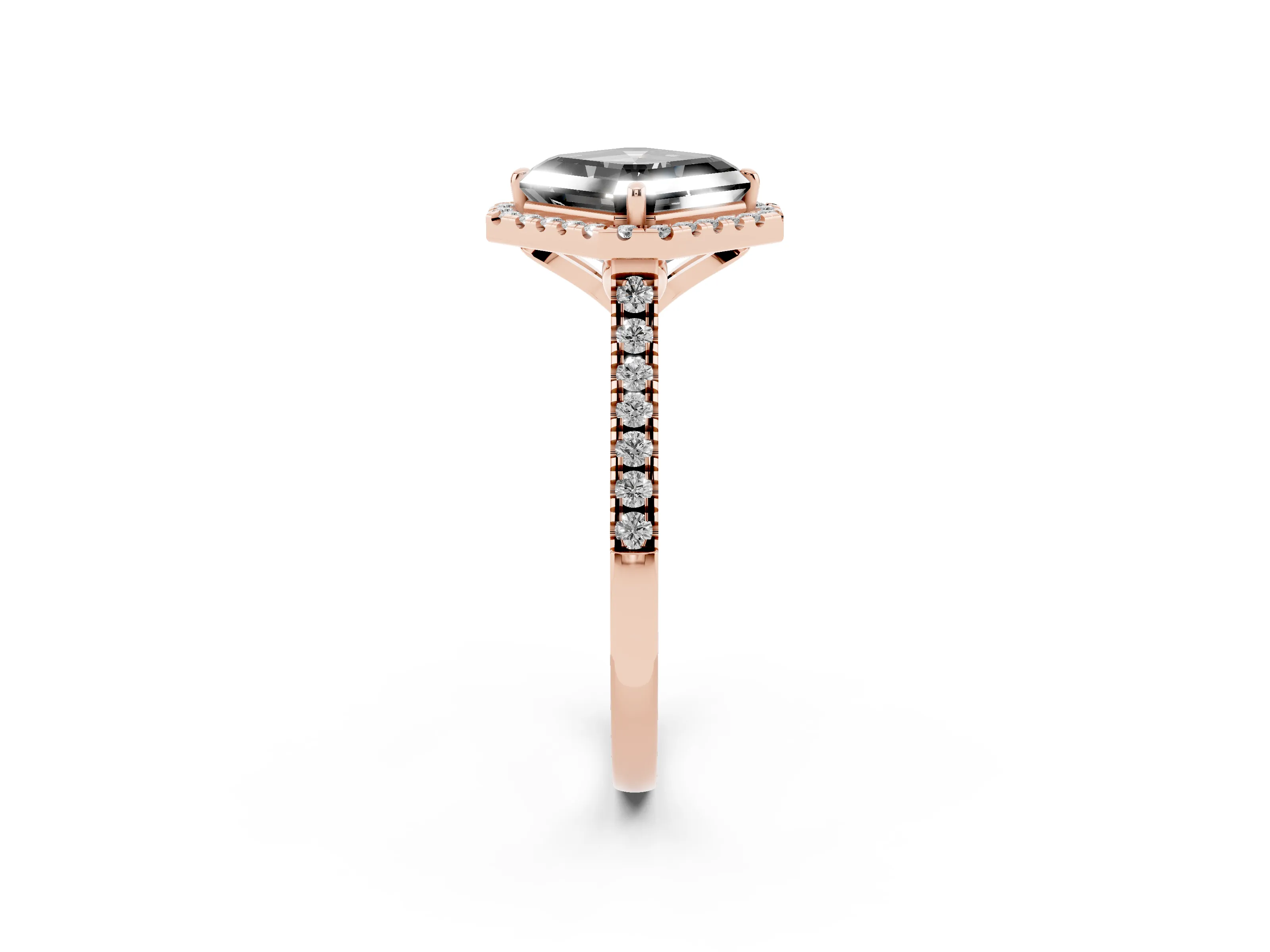 Fancy Black Asscher Cut Diamond Cushion Halo Ring Set in Rose gold with Pavé Band