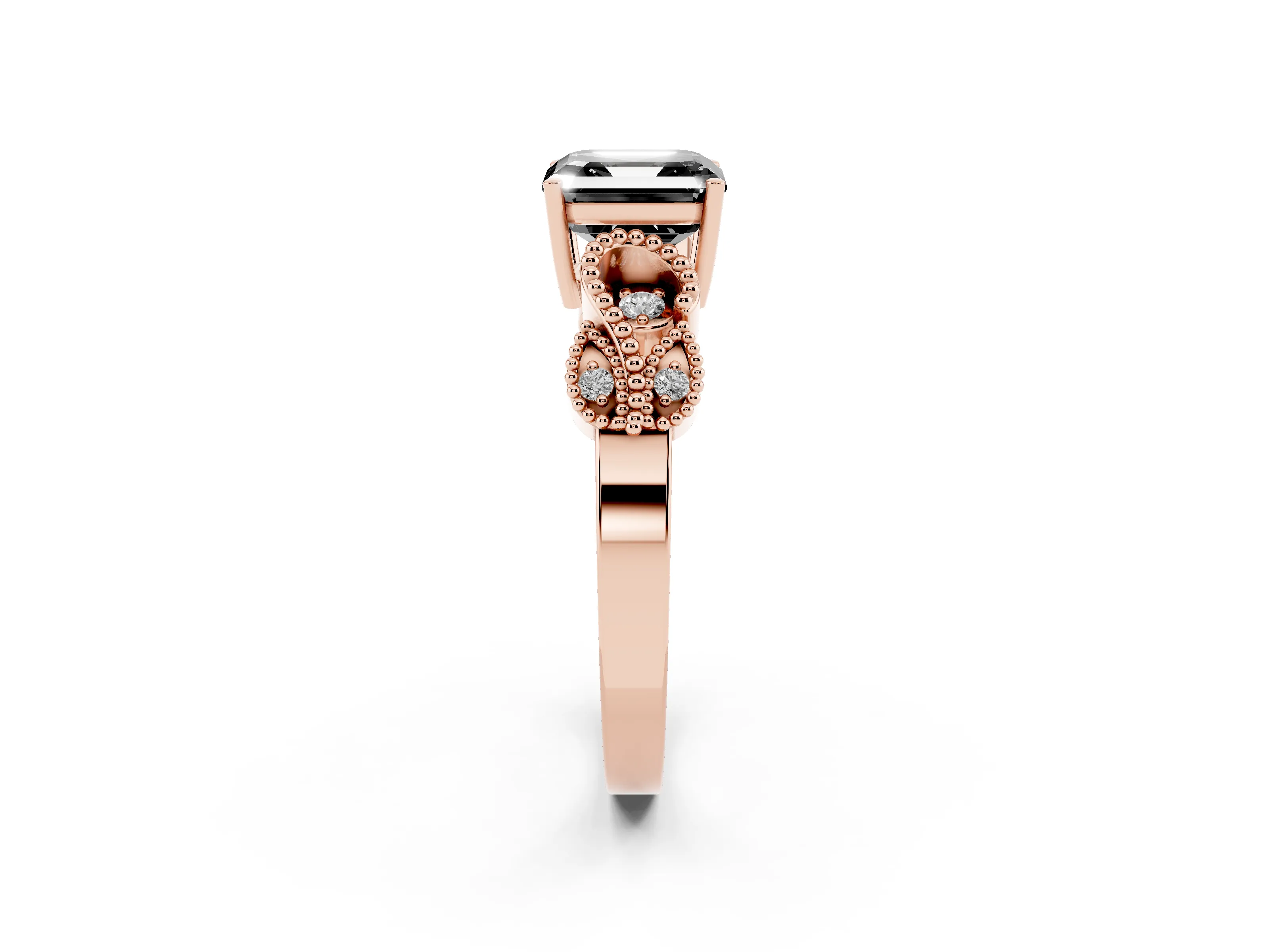 Fancy Black Asscher Cut Diamond Milgrain Leaf Band Solitaire Ring Set in Rose gold with Accent Stones and Prong Setting