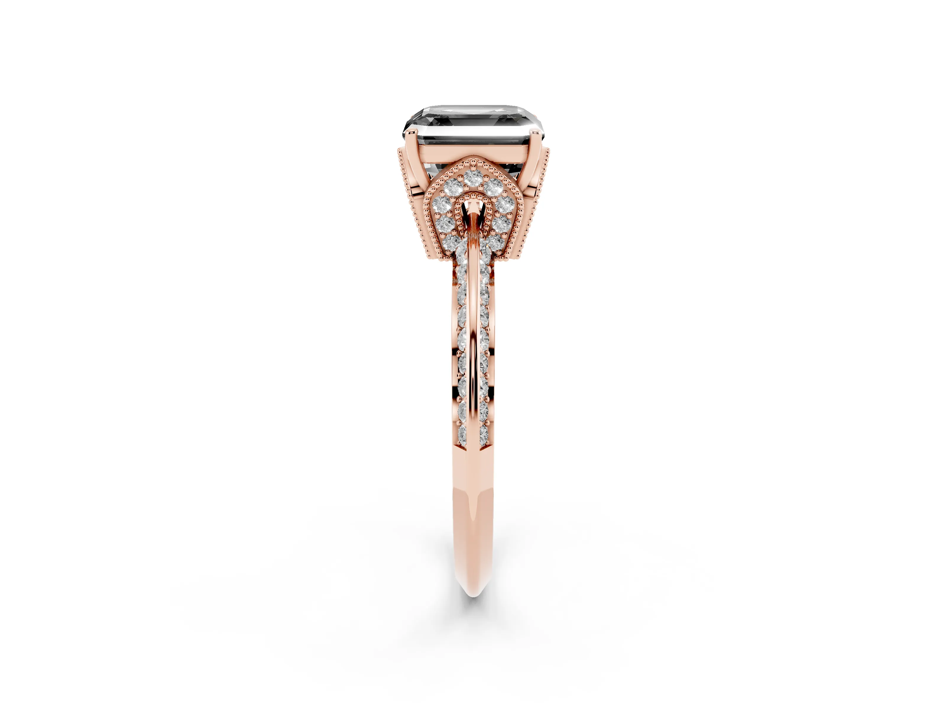 Fancy Black Asscher Cut Diamond Solitaire Engagement Ring Set in Rose gold with Pavé Split Shank and Prong Setting