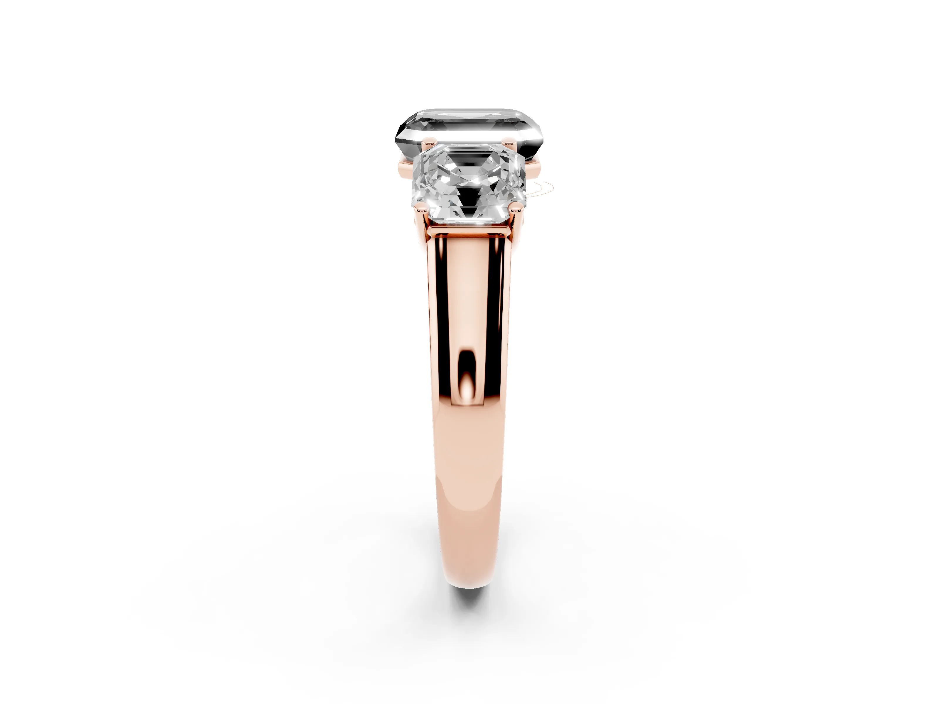 Fancy Black Asscher Cut Diamond Three-Stone Ring Set in Rose gold with Plain Polished Band