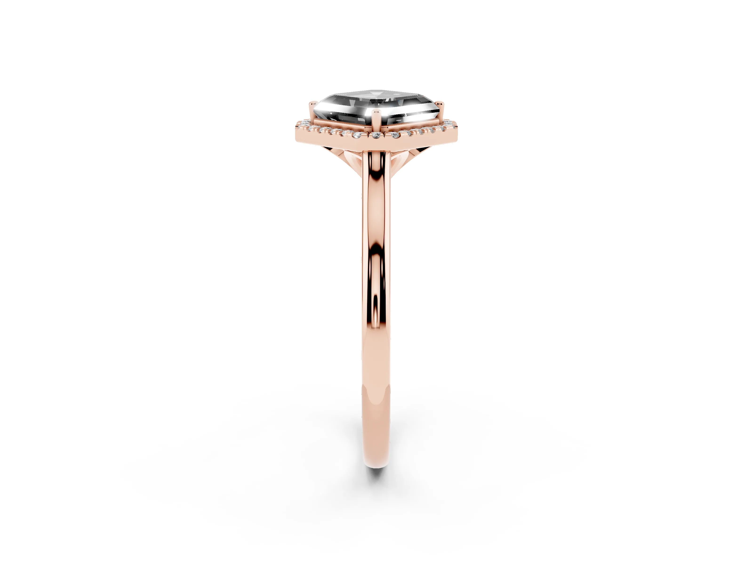 Fancy Black Asscher Cut Diamond Halo Engagement Ring Set in Rose gold with Pavé Band and Rising Shoulders