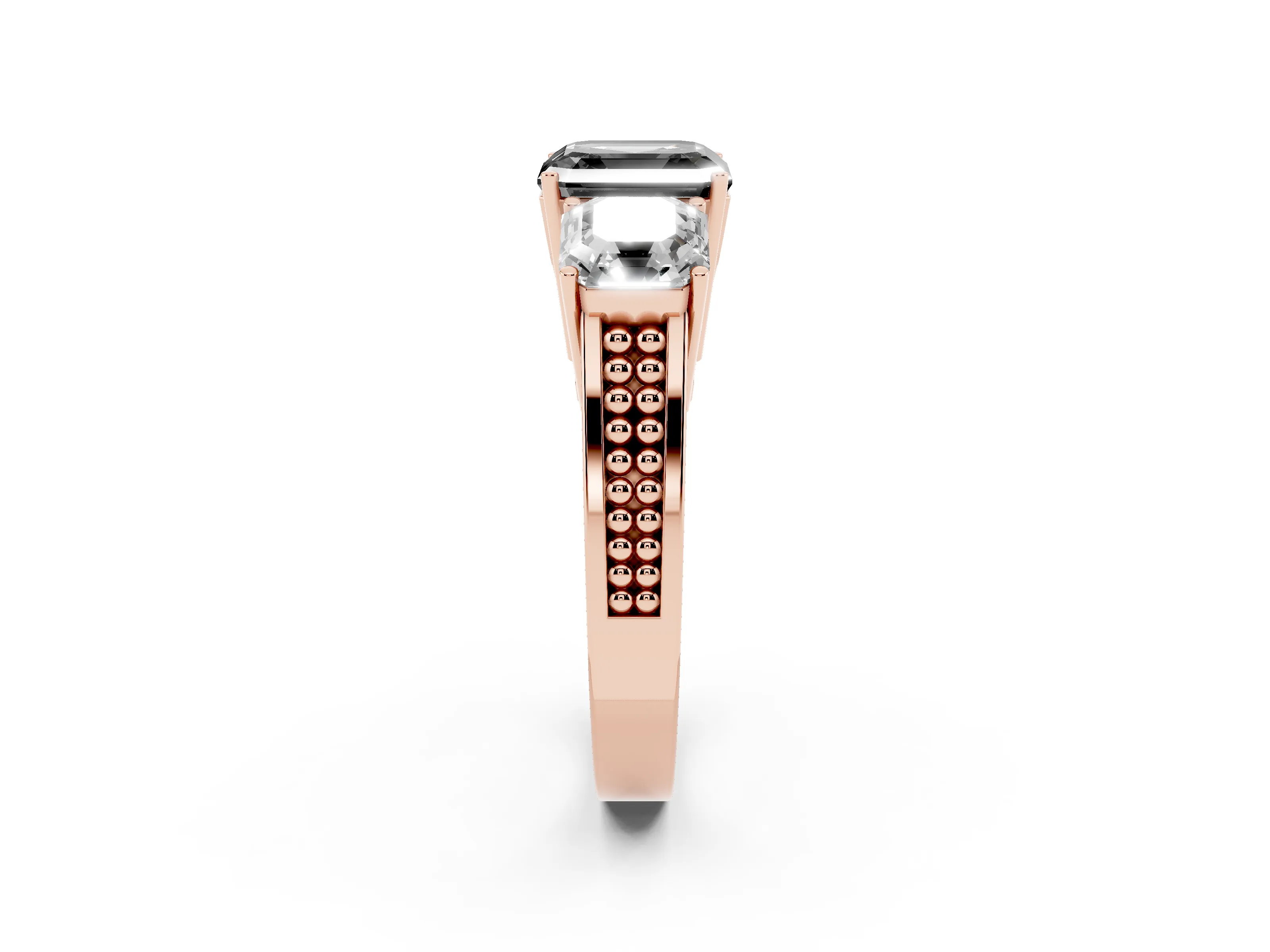 Fancy Black Asscher Cut Diamond Three-Stone Ring Set in Rose gold with Textured Band
