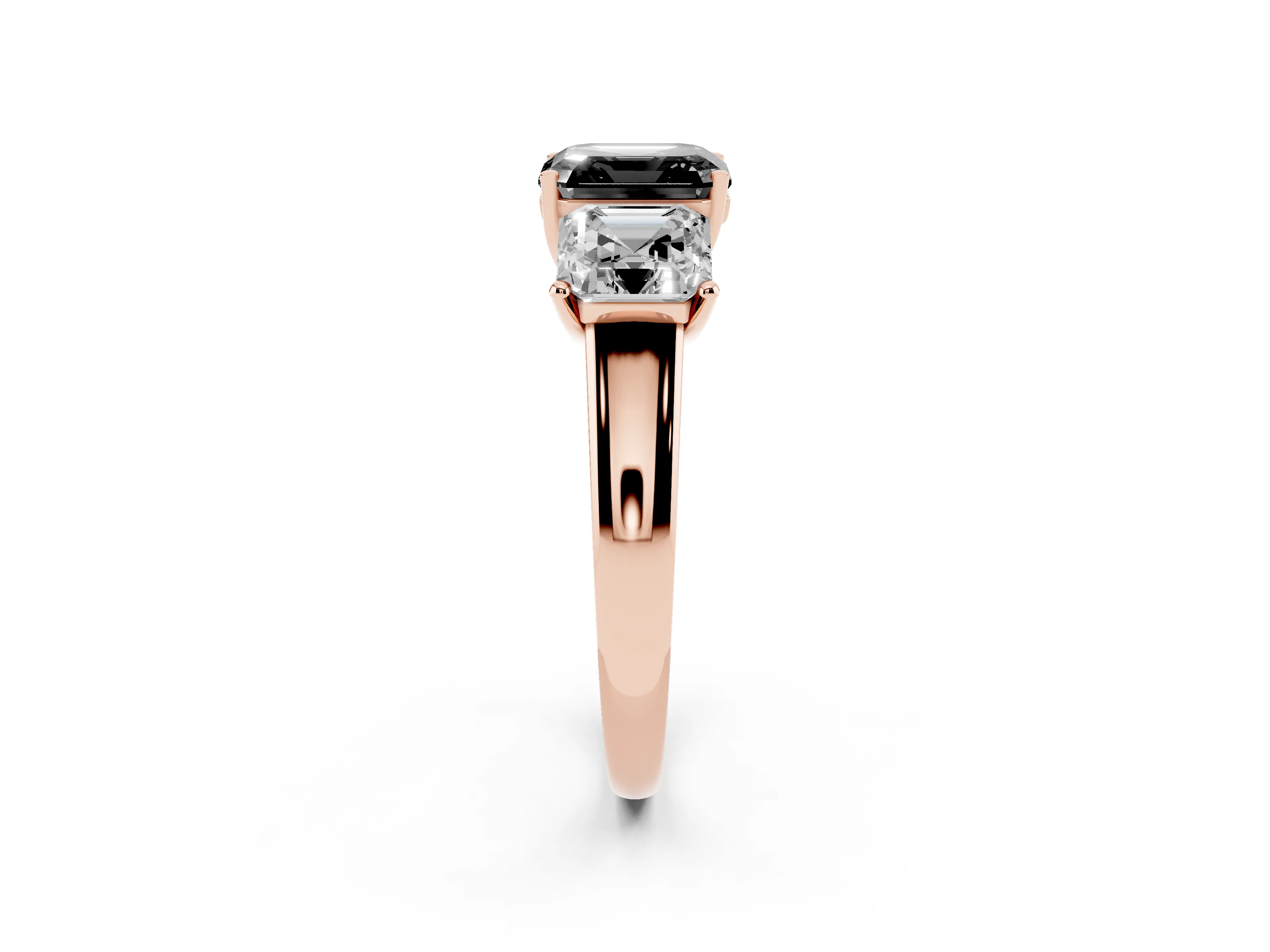 Fancy Black Asscher Cut Diamond Three-Stone Ring Set in Rose gold with Classic Prong Setting and Plain Band
