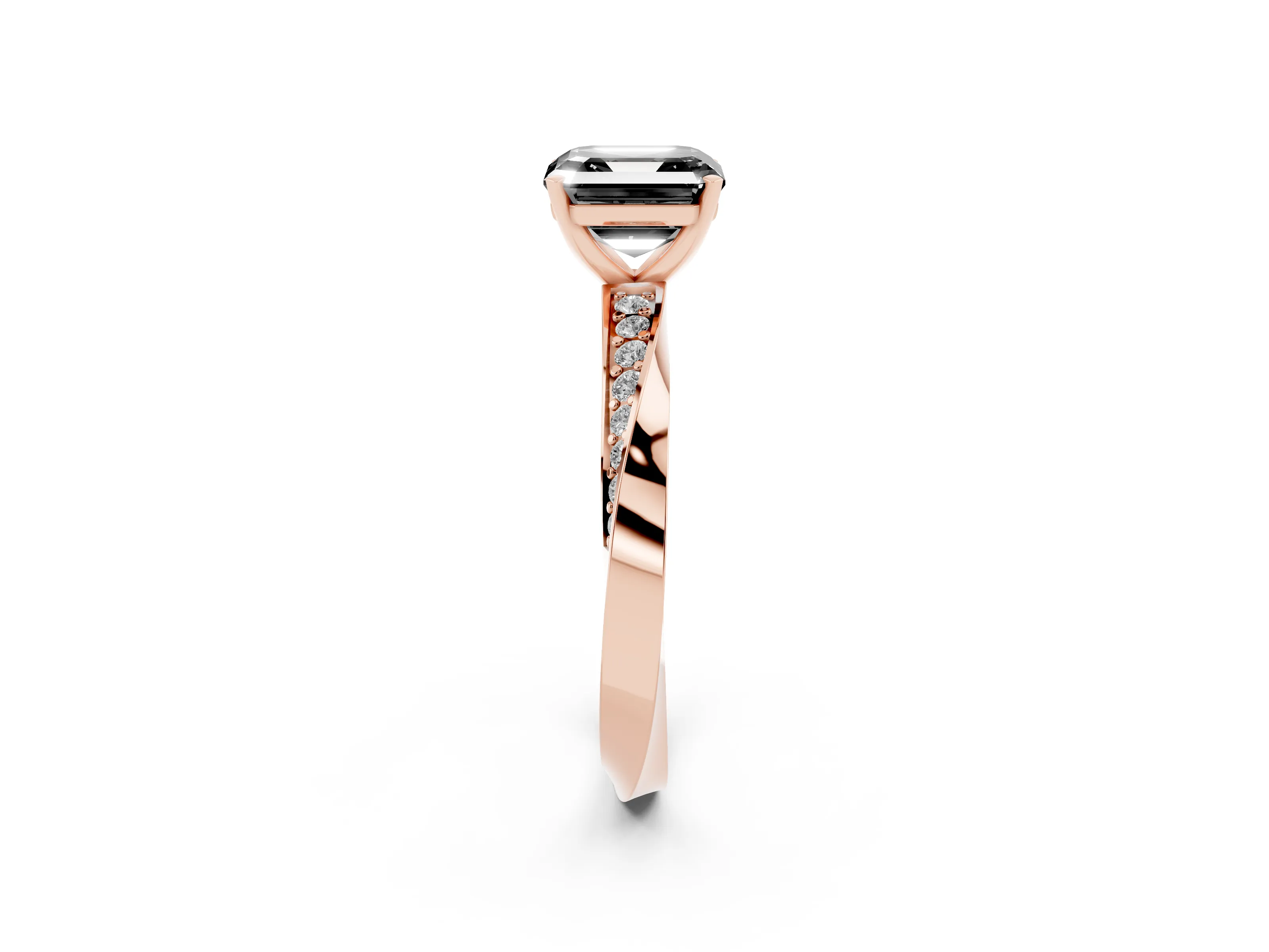 Fancy Black Asscher Cut Diamond Engagement Ring Set in Rose gold with Side Stone Accents and Prong Setting