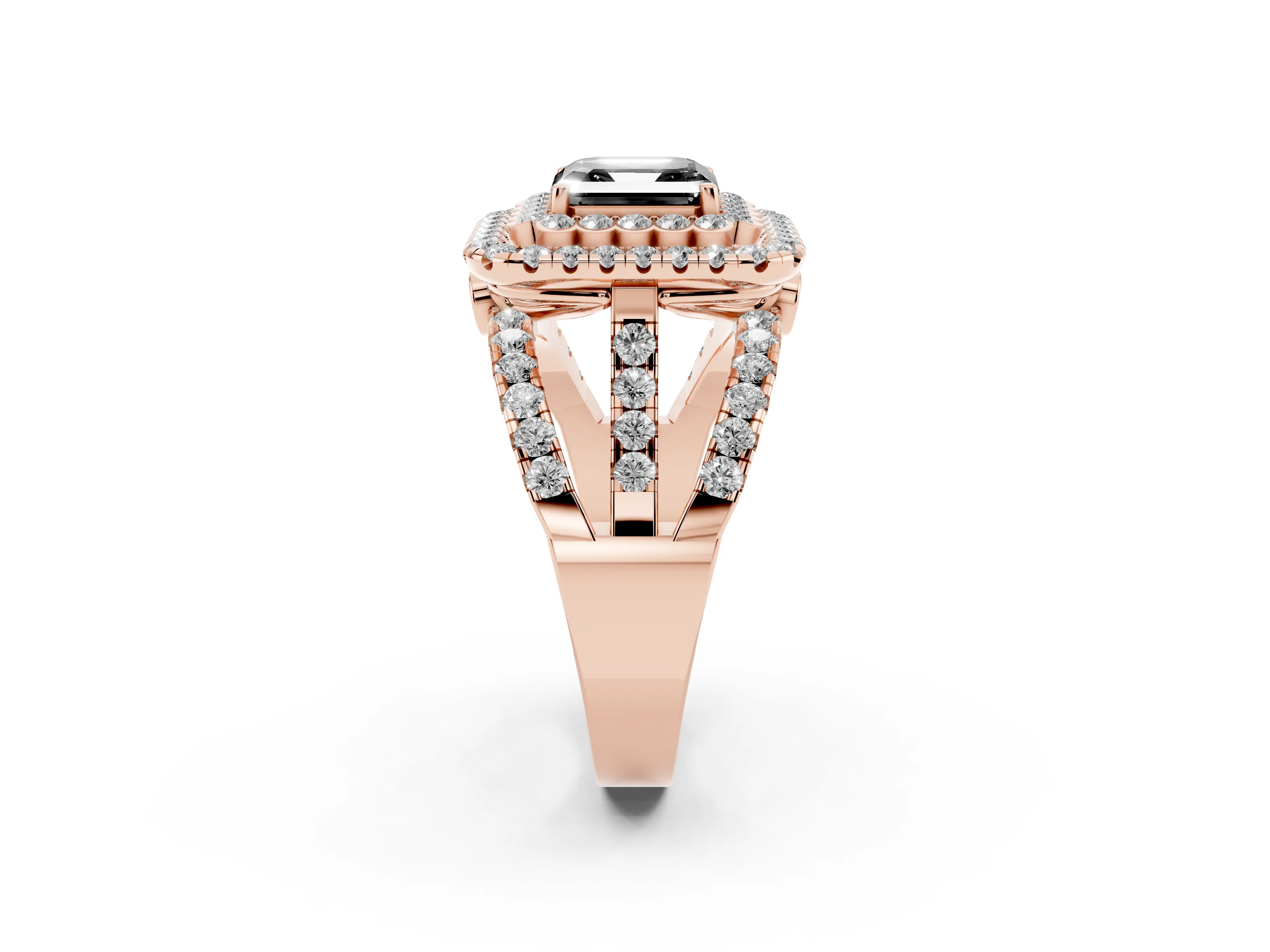 Fancy Black Asscher Cut Diamond Double Halo Ring Set in Rose gold with Round Pavé Split Shank