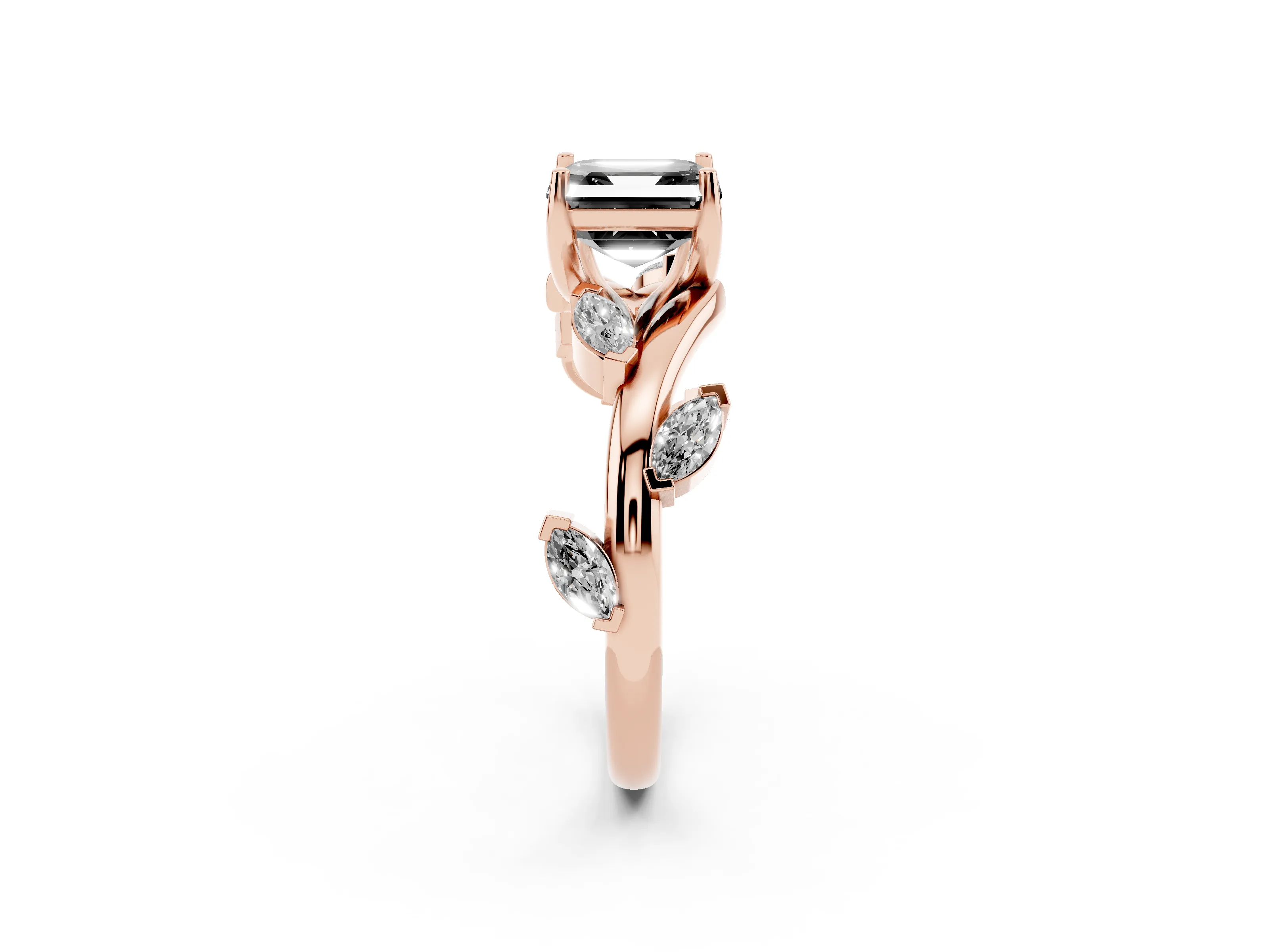 Fancy Black Asscher Cut Diamond Solitaire Ring Set in Rose gold with Twisted Marquise Accent Band
