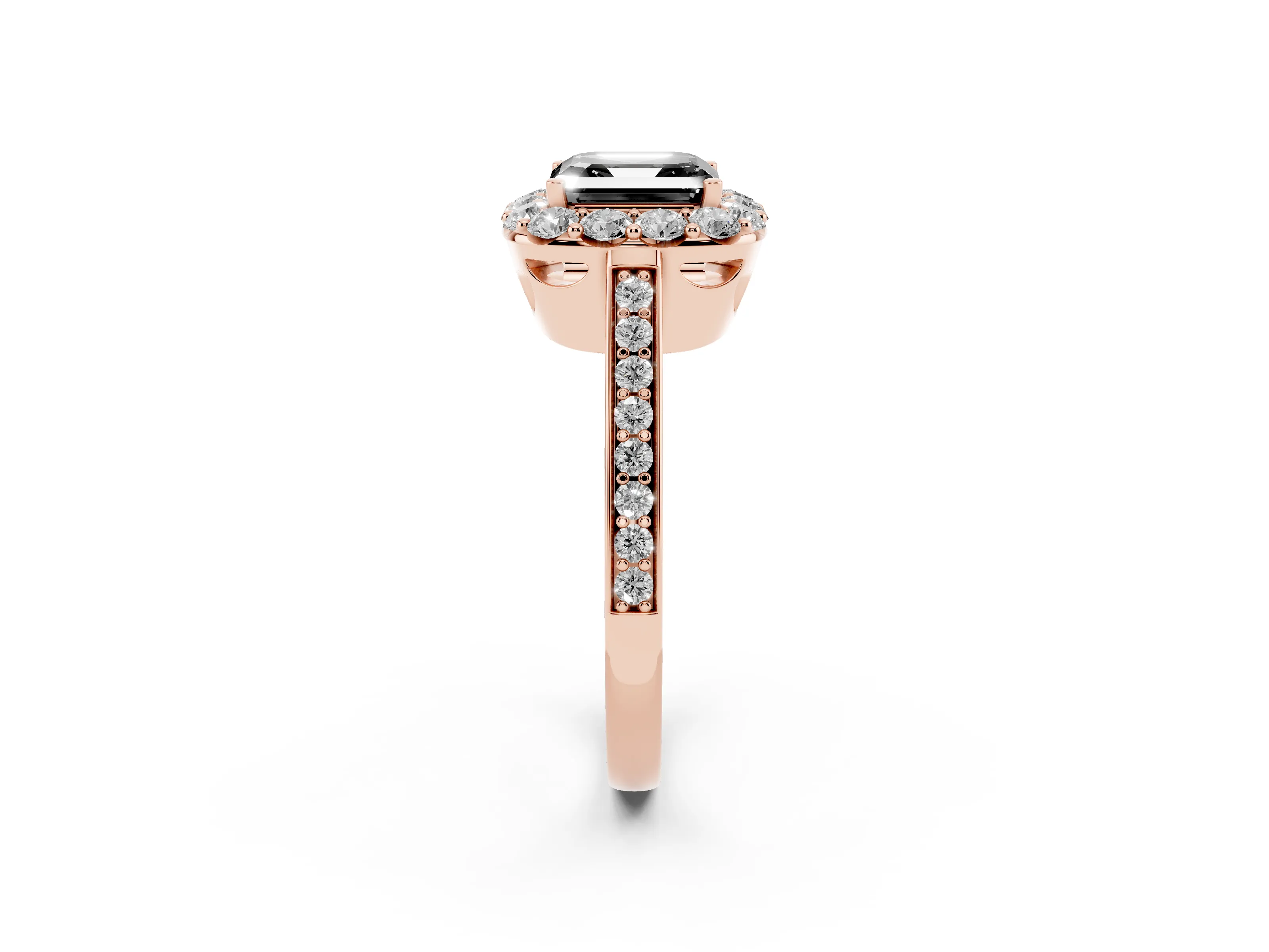 Fancy Black Asscher Cut Diamond Floral Halo Ring Set in Rose gold with Pavé Band and Prong Setting