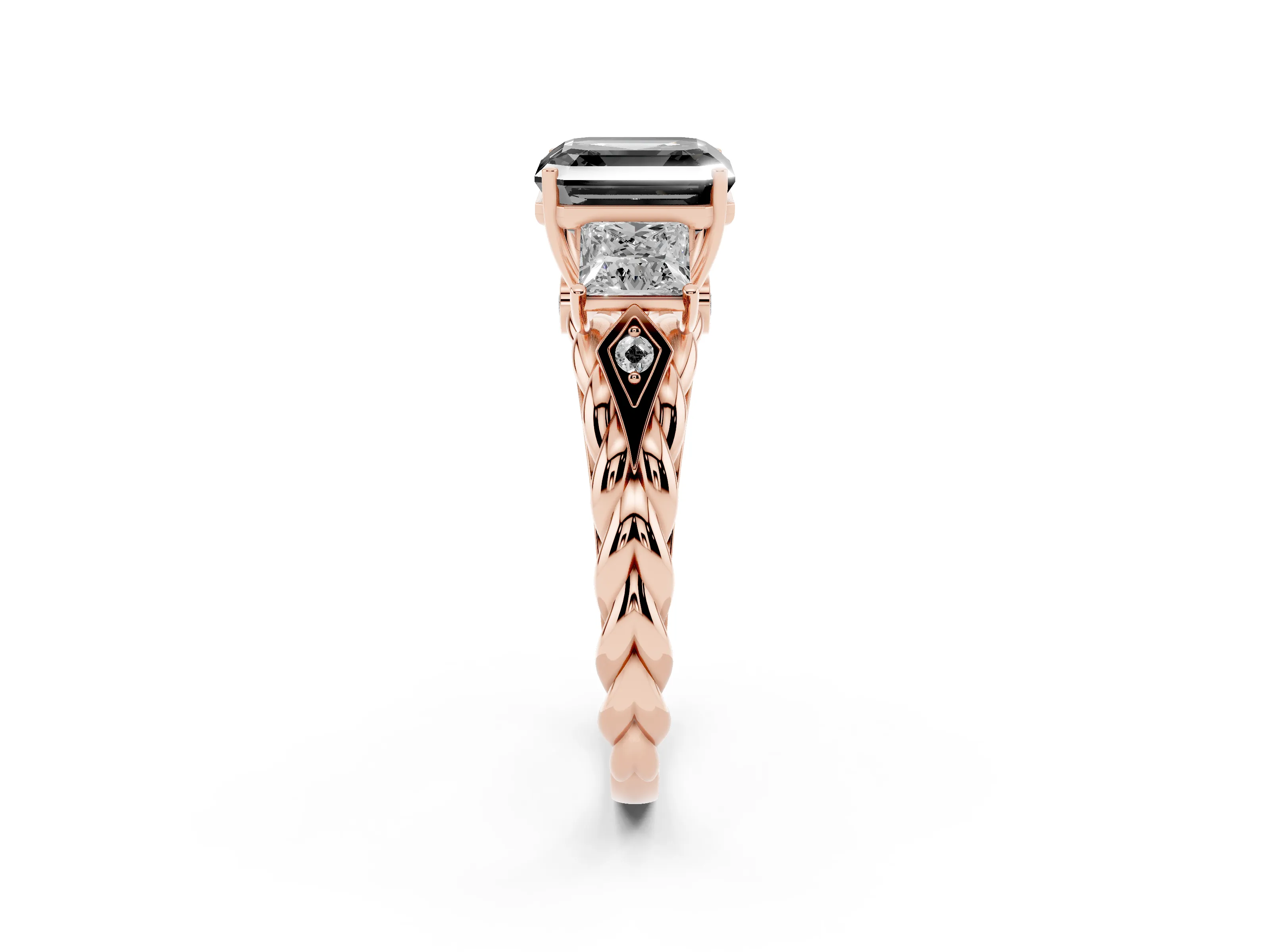 Fancy Black Asscher Cut Diamond Three-Stone Ring Set in Rose gold with Braided Band