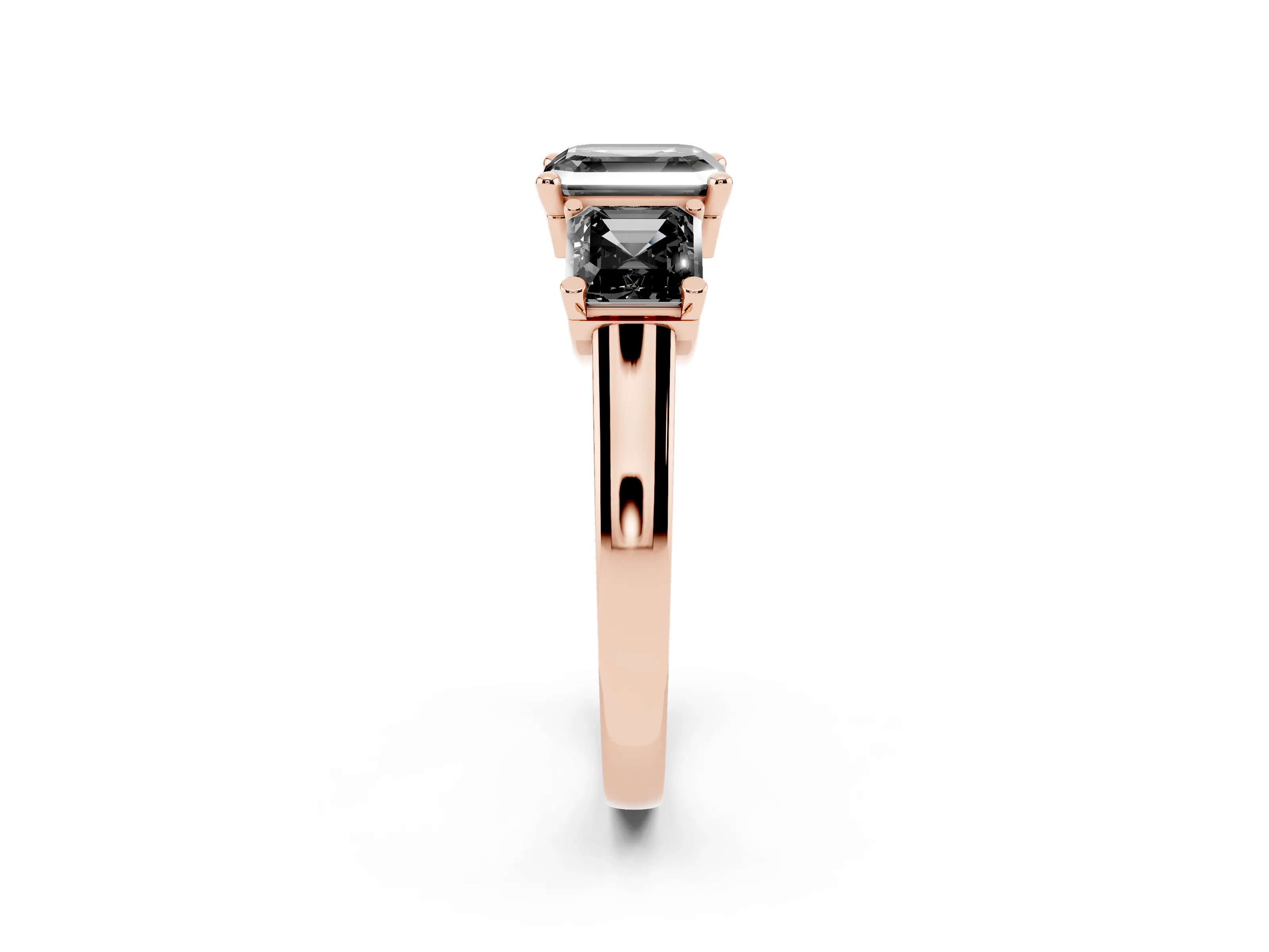 Fancy Black Asscher Cut Diamond Three-Stone Trellis Ring Set in Rose gold with Comfort Fit Band