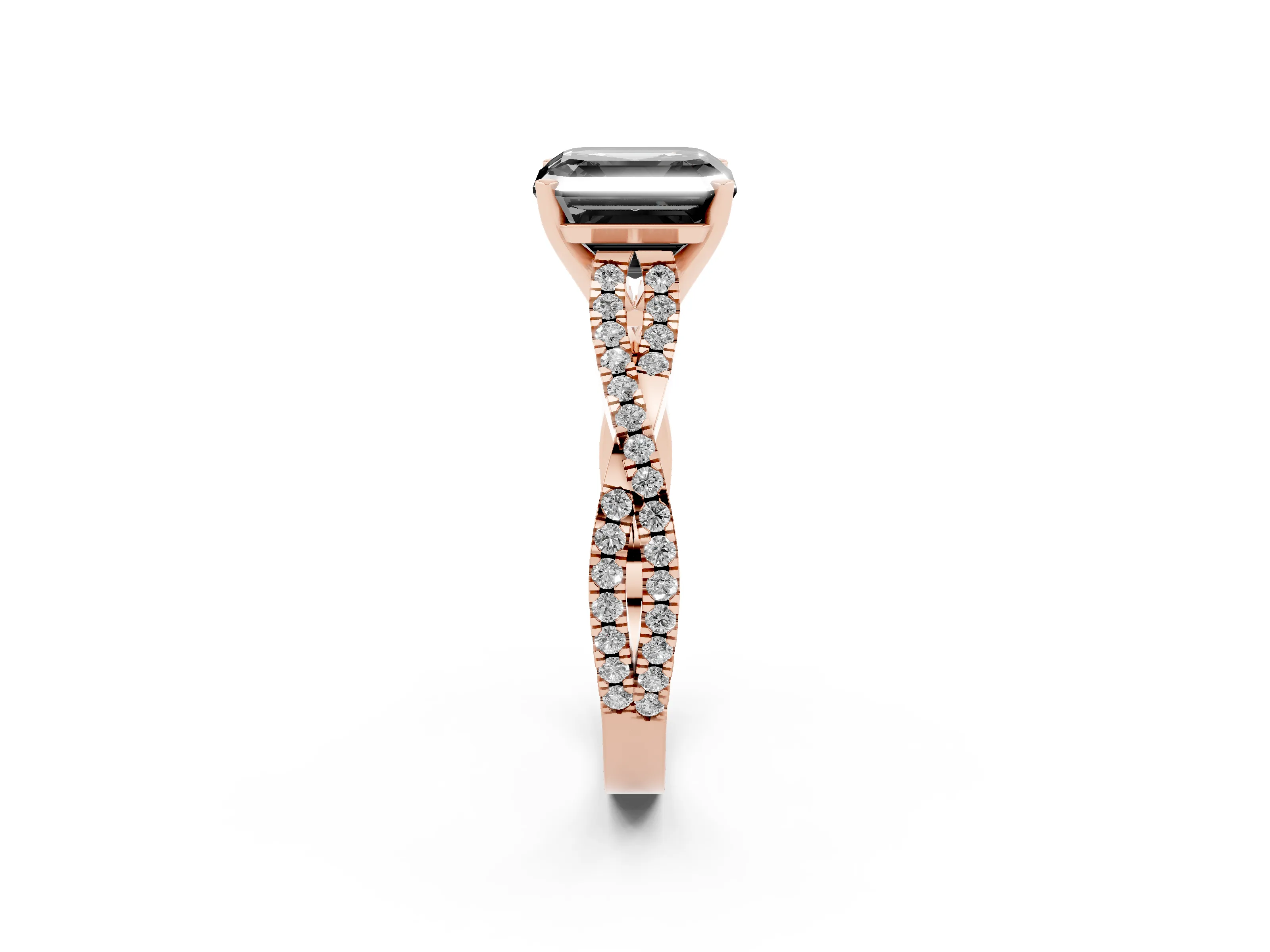 Fancy Black Asscher Cut Diamond Solitaire Engagement Ring Set in Rose gold with Twisted Pavé Band and Prong Setting