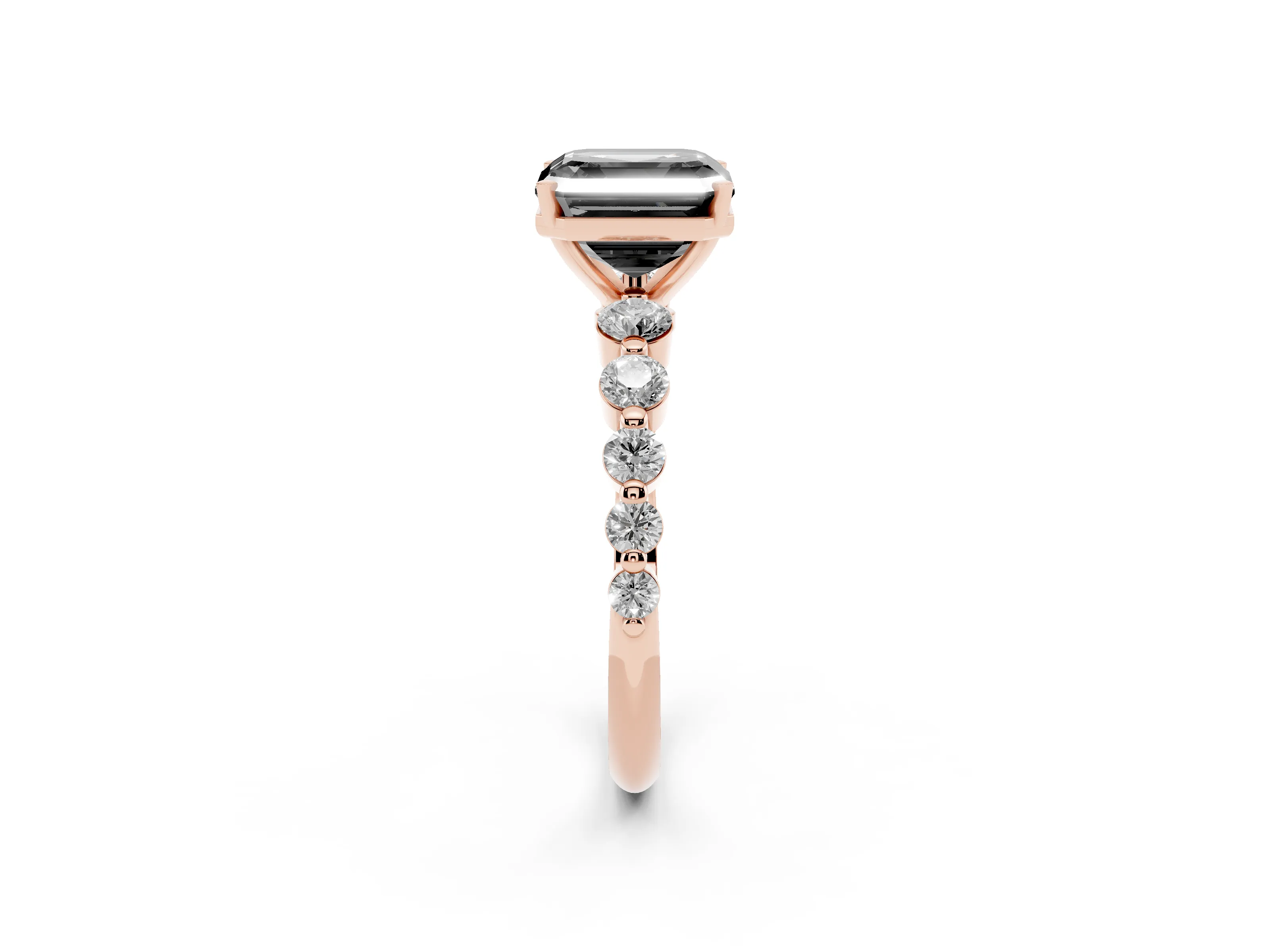 Fancy Black Asscher Cut Diamond Solitaire Ring Set in Rose gold with Pavé Band and Prong Setting