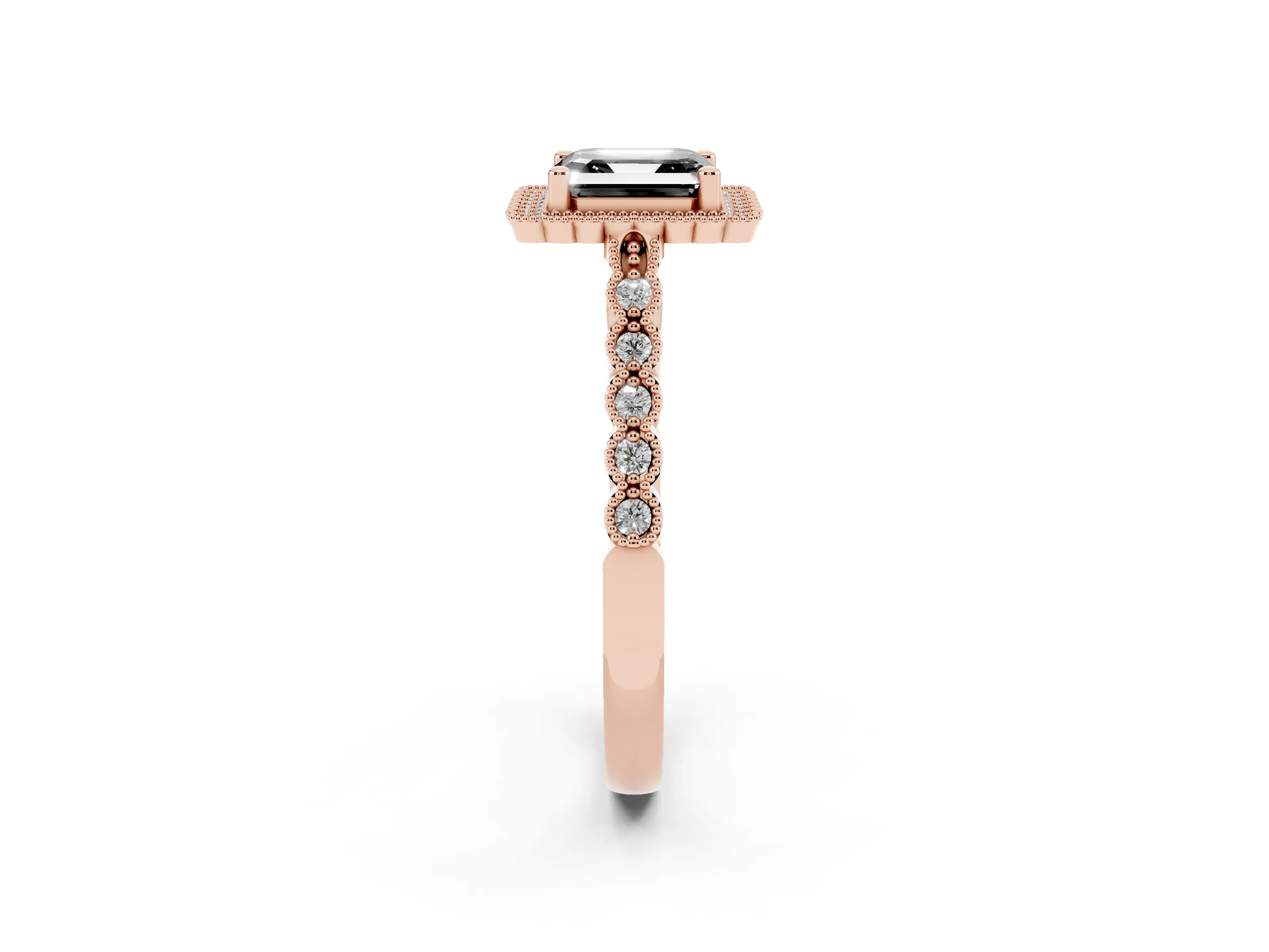 Fancy Black Asscher Cut Diamond Halo Ring Set in Rose gold with Pavé Milgrain Band