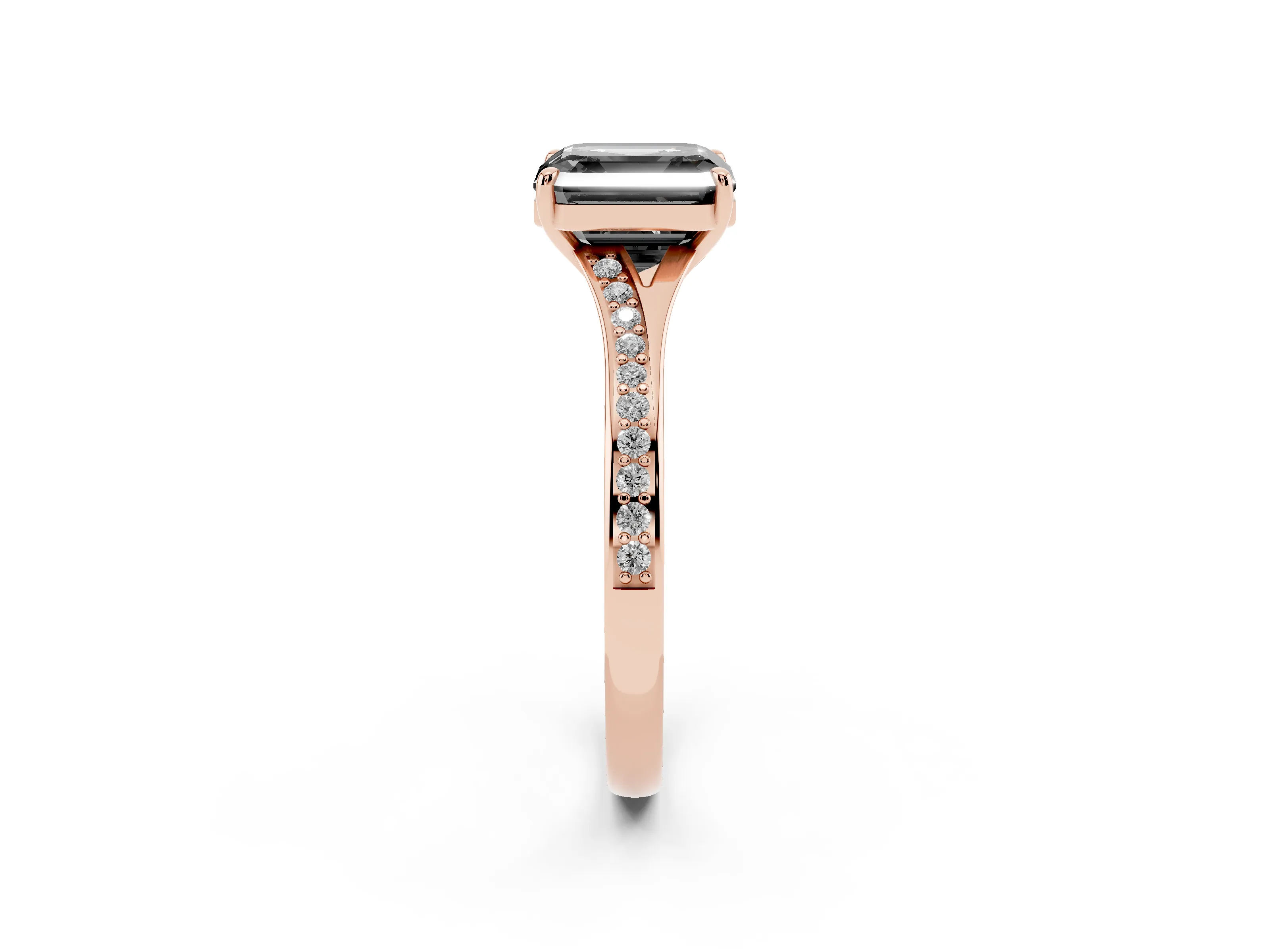 Fancy Black Asscher Cut Diamond Solitaire Ring Set in Rose gold with Pavé Accent Band and Classic Prong Setting