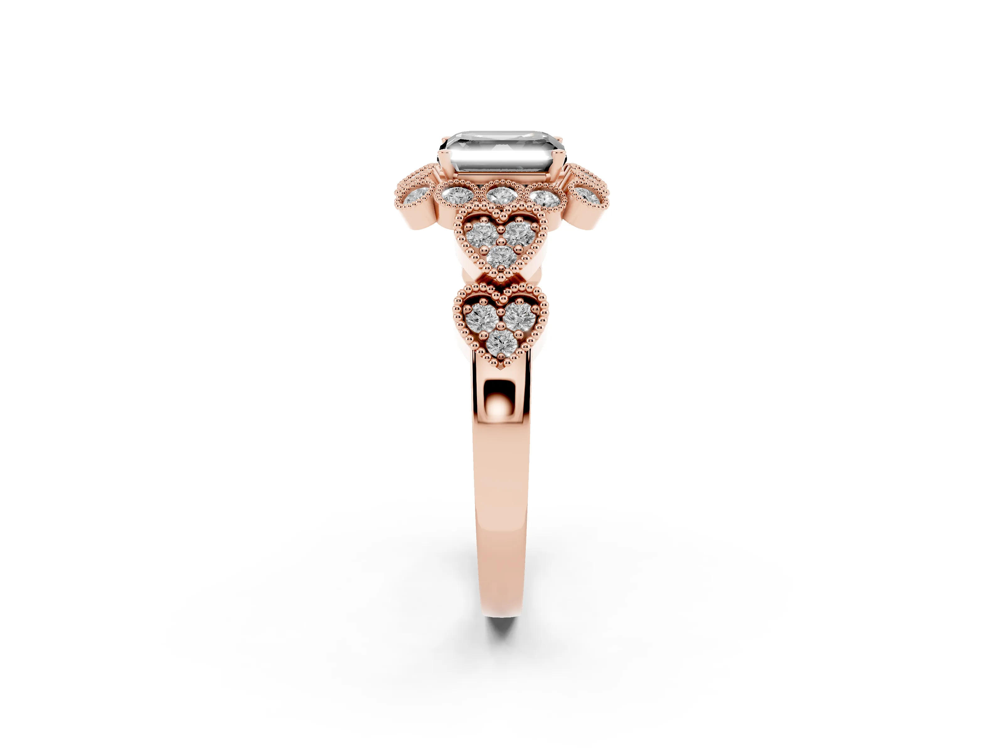 Fancy Black Asscher Cut Diamond Solitaire Ring Set in Rose gold with Milgrain Pavé Heart Band