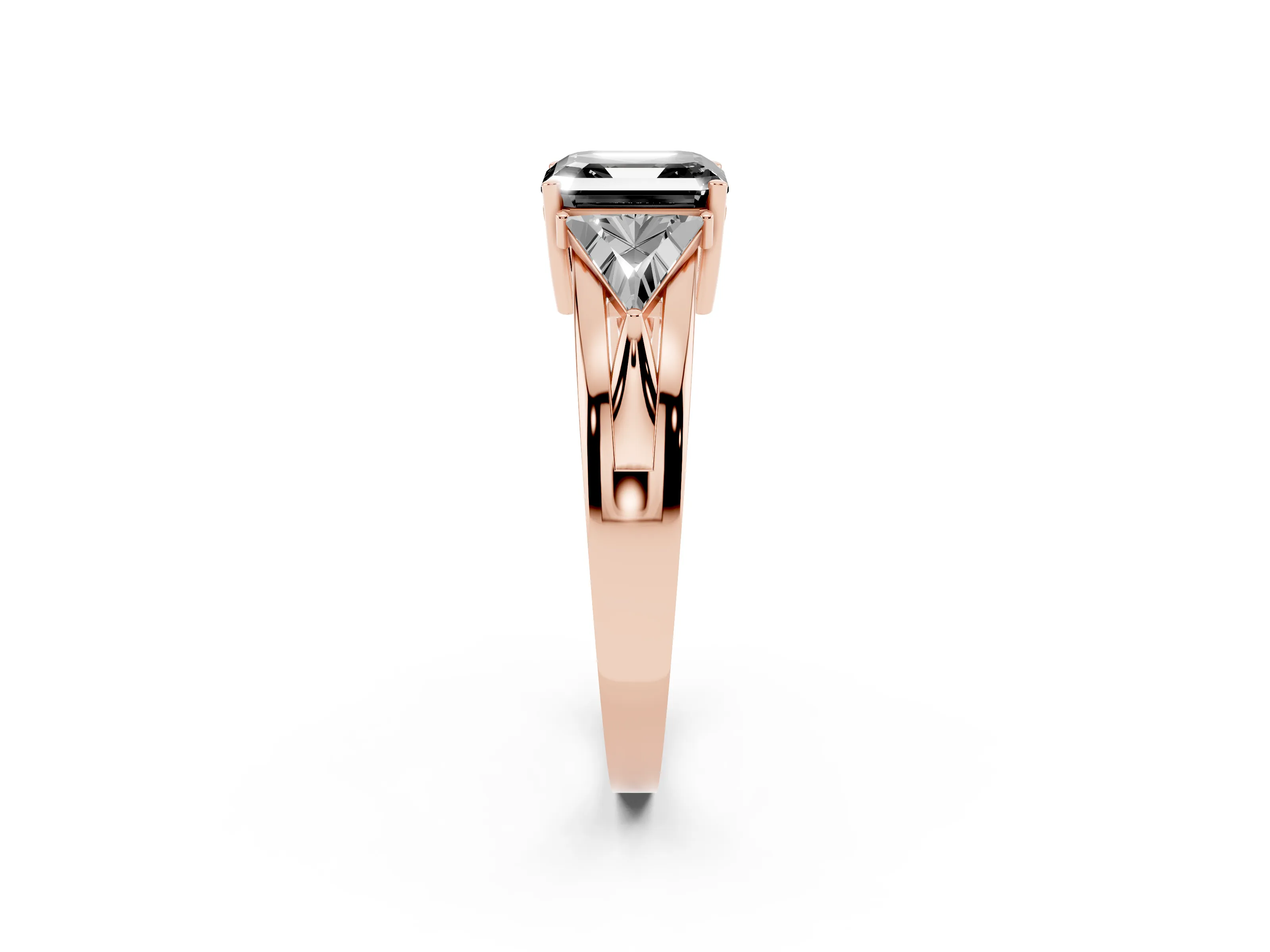 Fancy Black Asscher Cut Diamond Three-Stone Ring Set in Rose gold with Trillion Side Stones and Split Shank