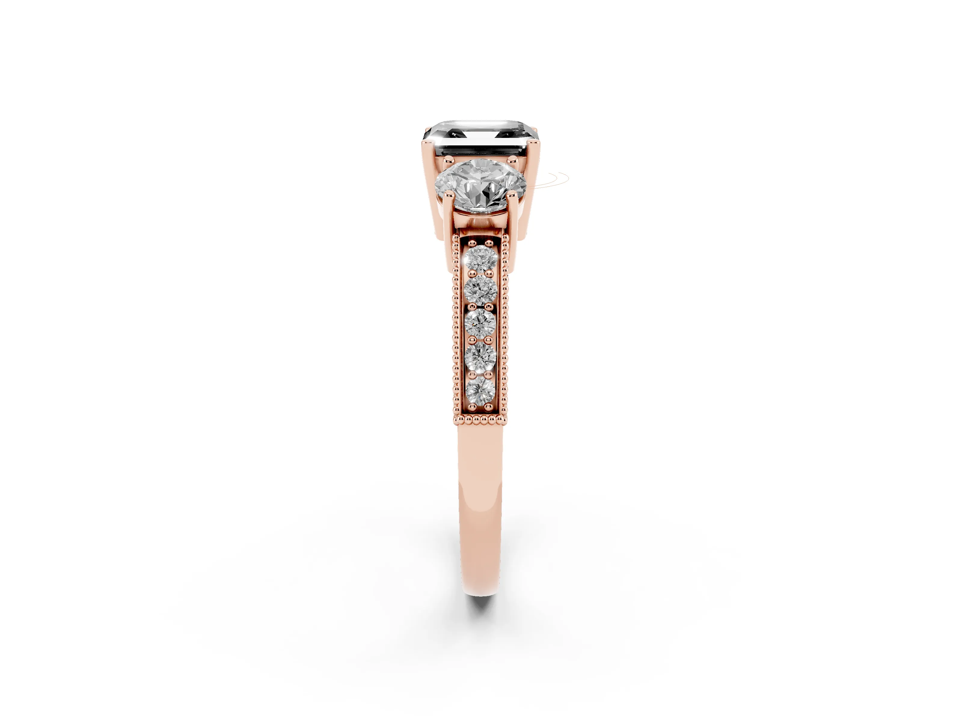 Fancy Black Asscher Cut Diamond Three-Stone Ring Set in Rose gold with Round Side Stones and Pavé Band