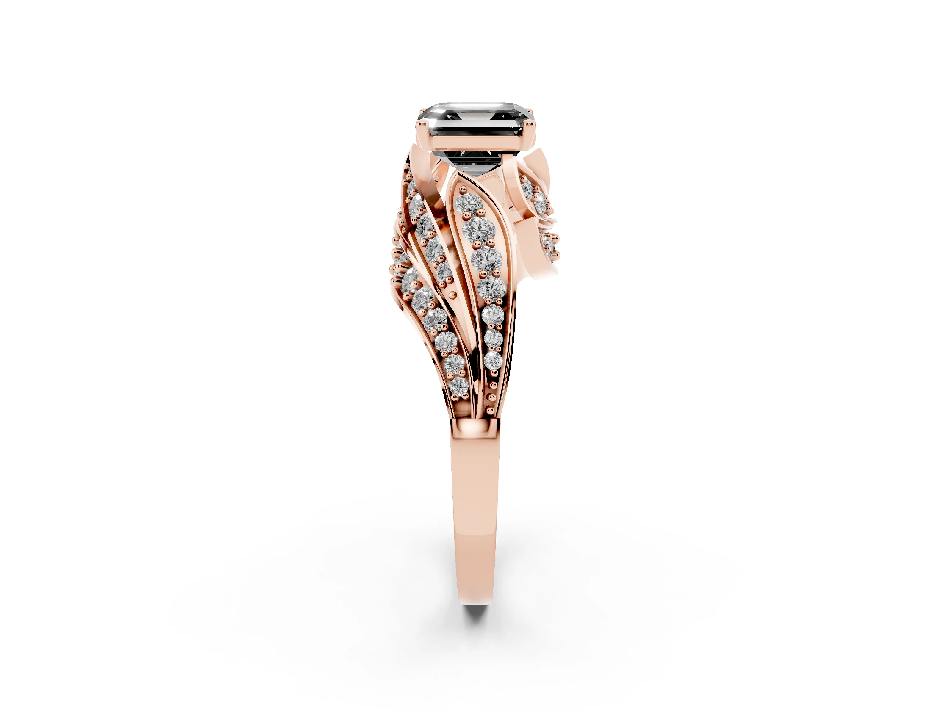 Fancy Black Asscher Cut Diamond Solitaire Ring Set in Rose gold with Layered Twist Pavé Band
