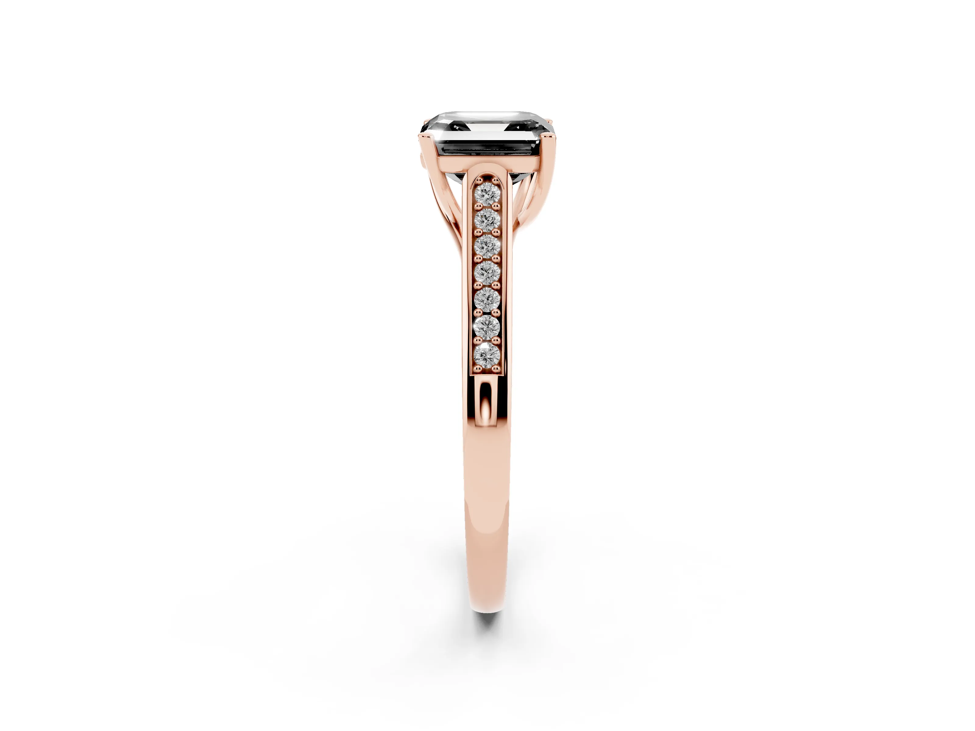 Fancy Black Asscher Cut Diamond Solitaire Cathedral Engagement Ring Set in Rose gold with Channel-Set Band and Prong Setting