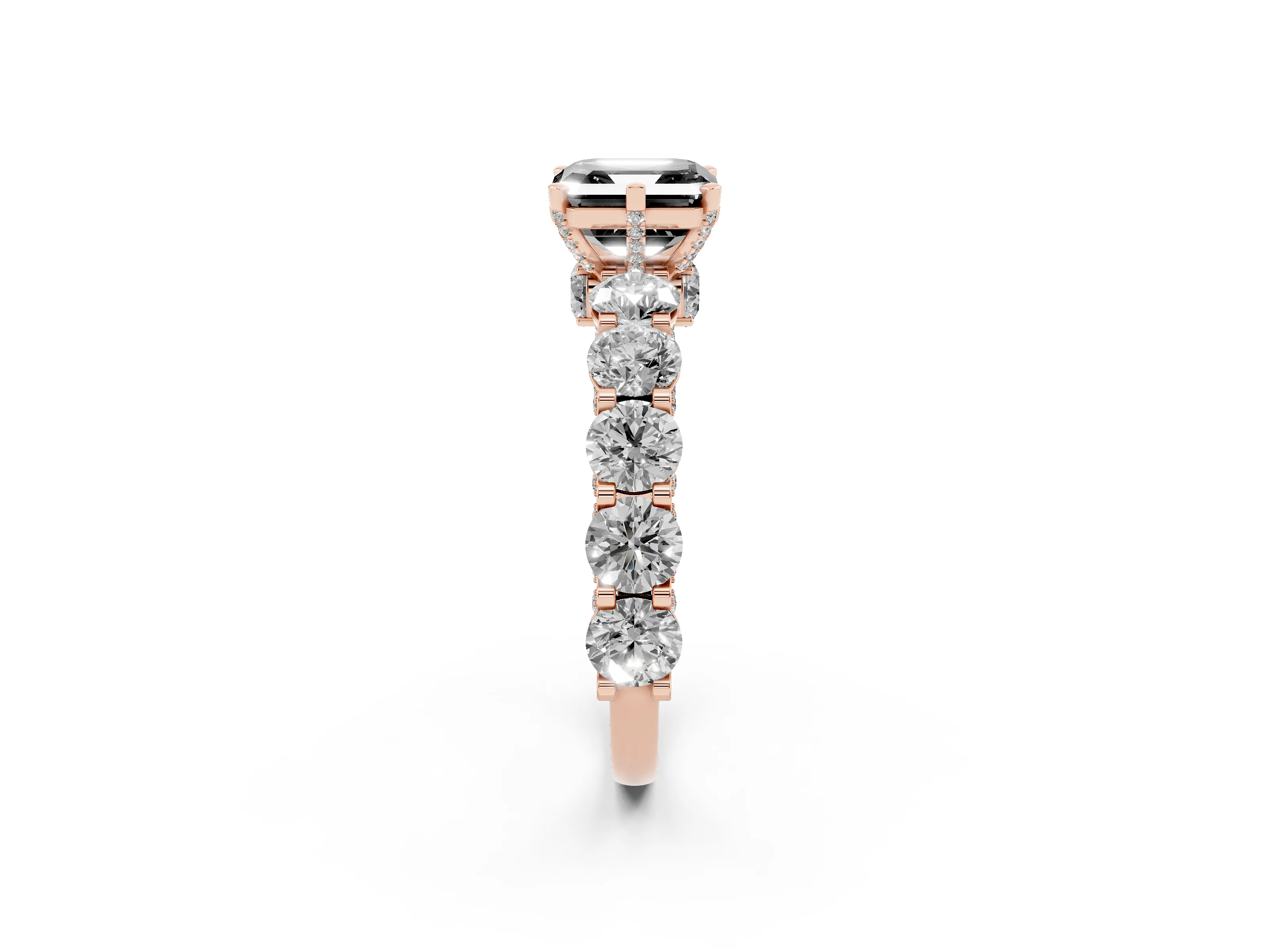 Fancy Black Asscher Cut Diamond Side Stone Ring Set in Rose gold with Alternating Round and Oval Side Stones