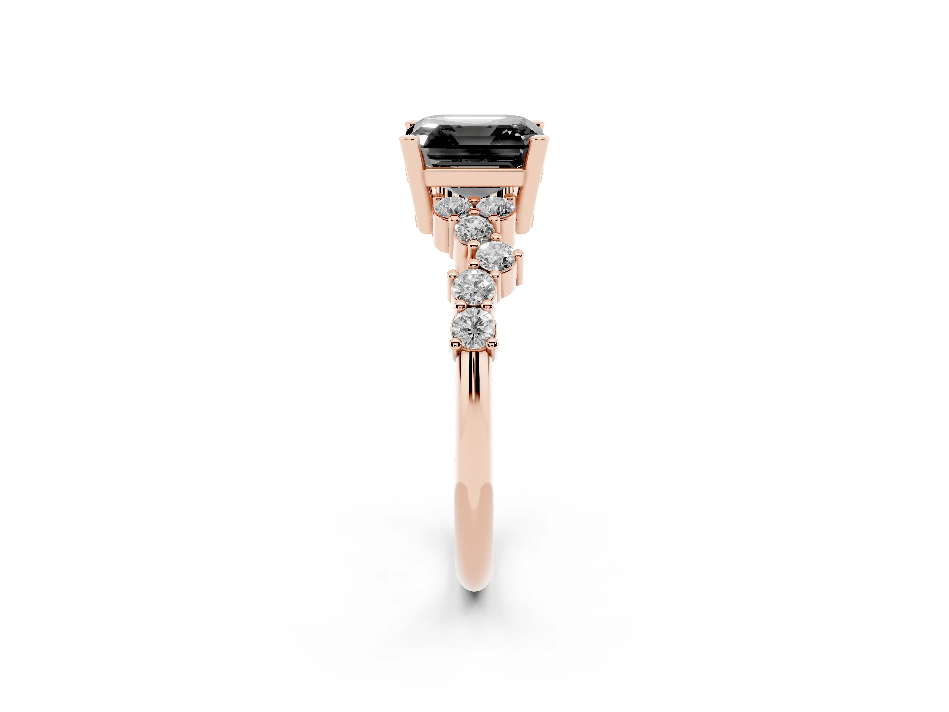 Fancy Black Asscher Cut Diamond Ring Set in Rose gold with Scattered Round Accents