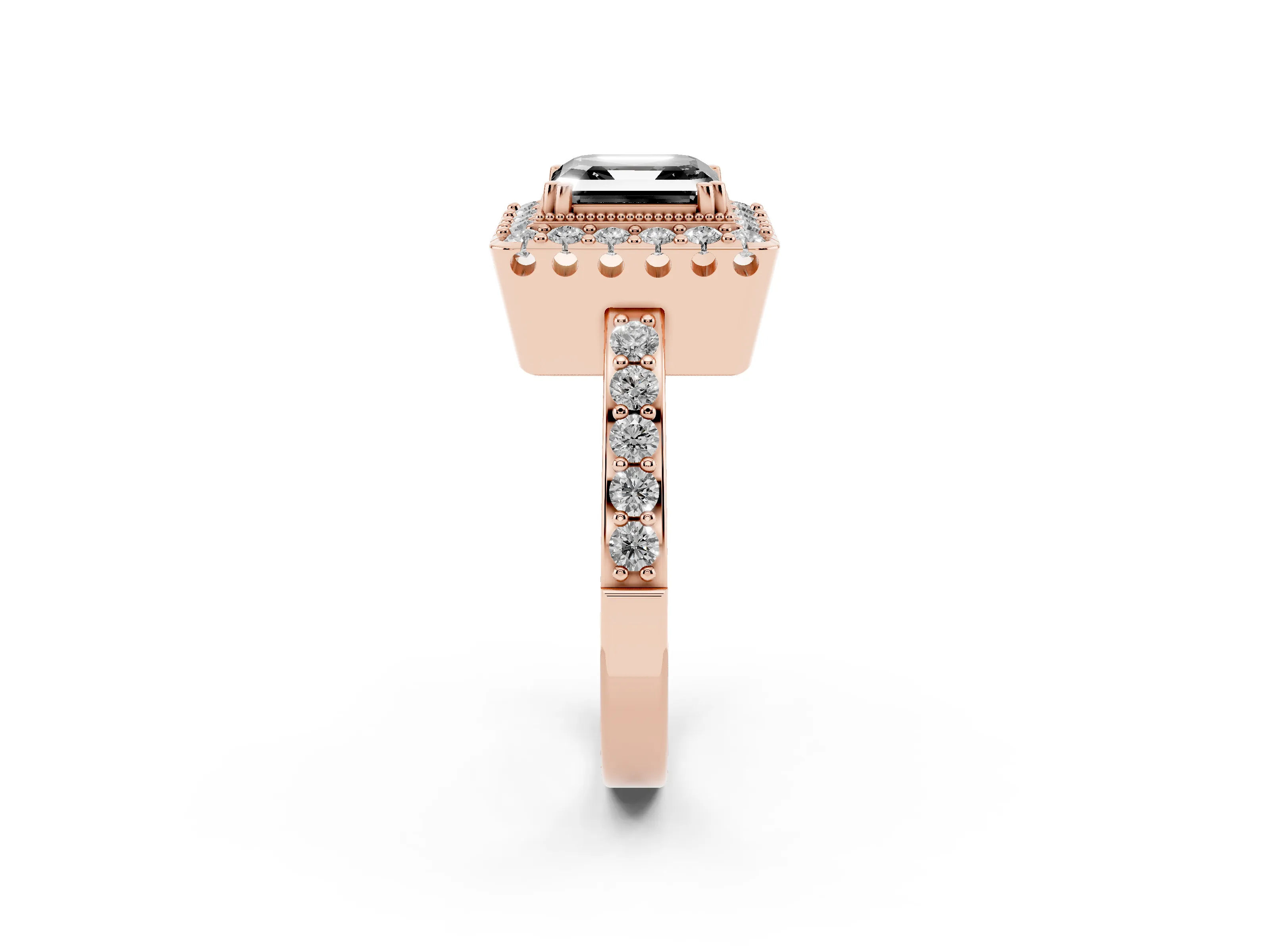 Fancy Black Asscher Cut Diamond Halo Ring Set in Rose gold with Pavé Shank and Prong Setting