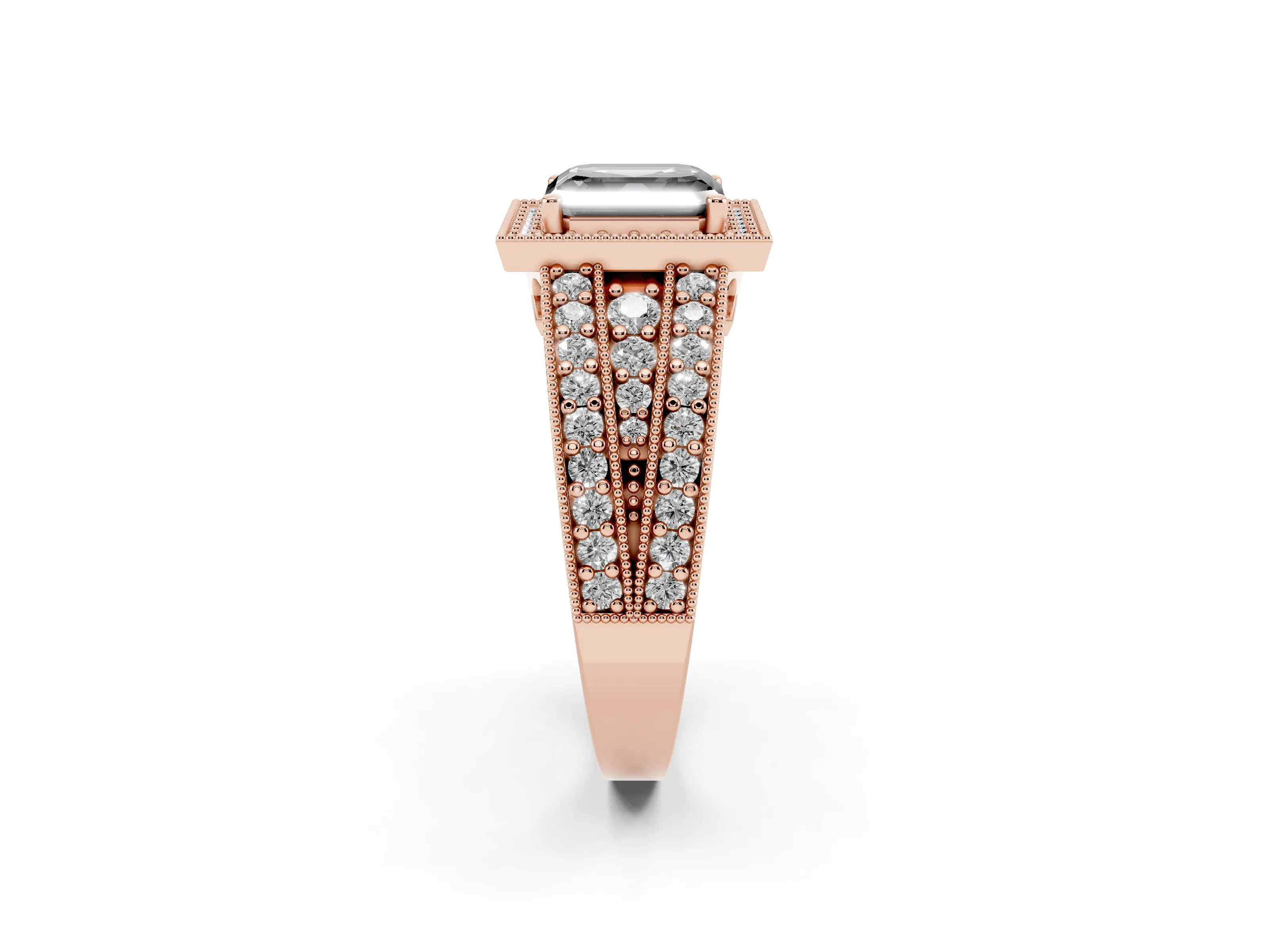 Fancy Black Asscher Cut Diamond Halo Ring Set in Rose gold with Accent Split Shank and Prong Setting