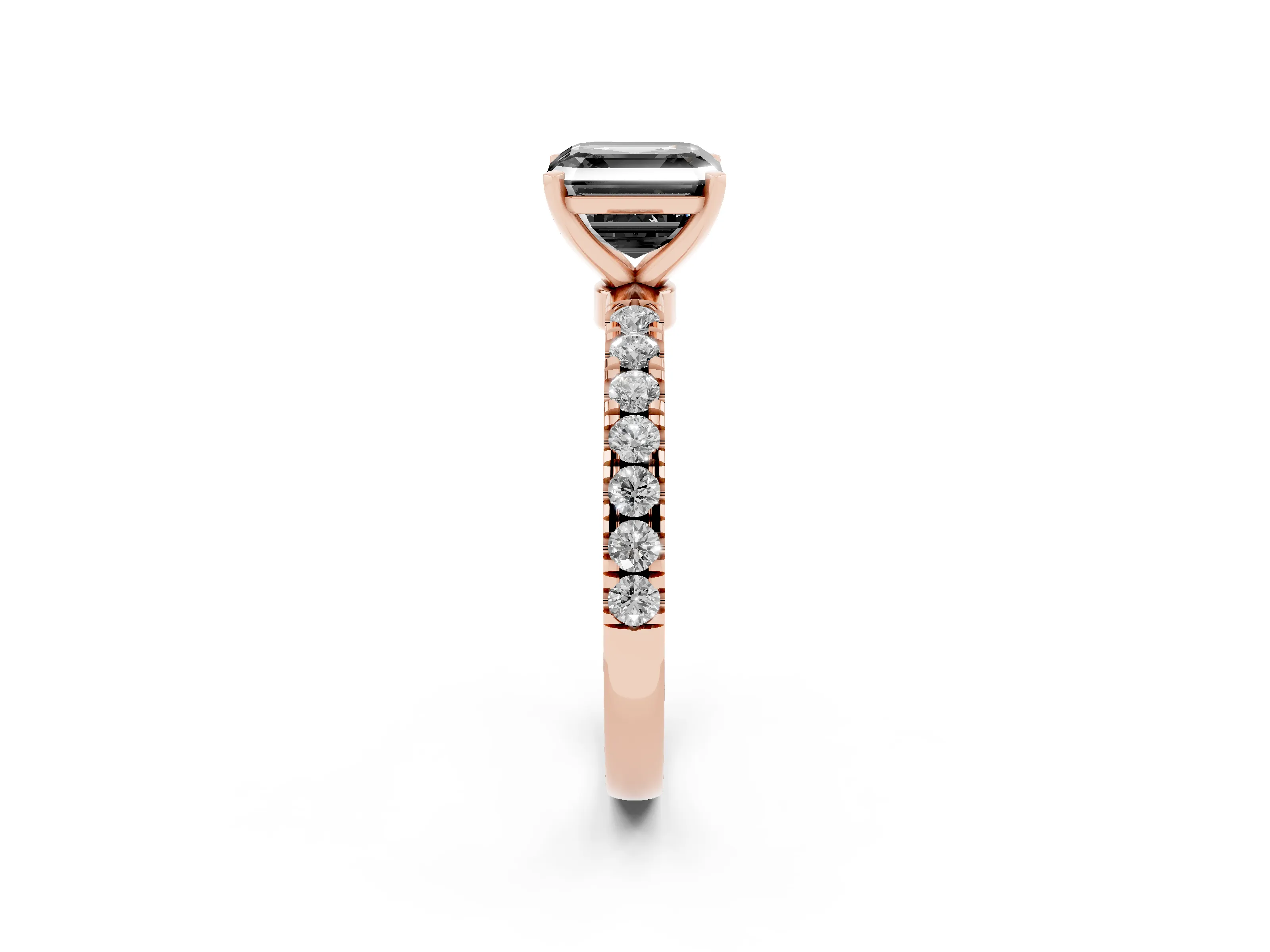 Fancy Black Asscher Cut Diamond Solitaire Ring Set in Rose gold with Pavé Accents and Prong Setting