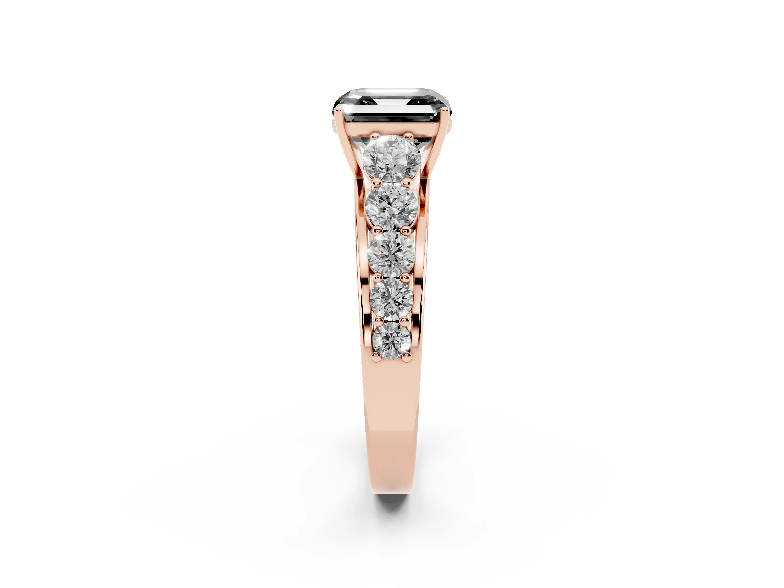 Fancy Black Asscher Cut Diamond Solitaire Ring Set in Rose gold with Pavé-Set Band and Prong Setting