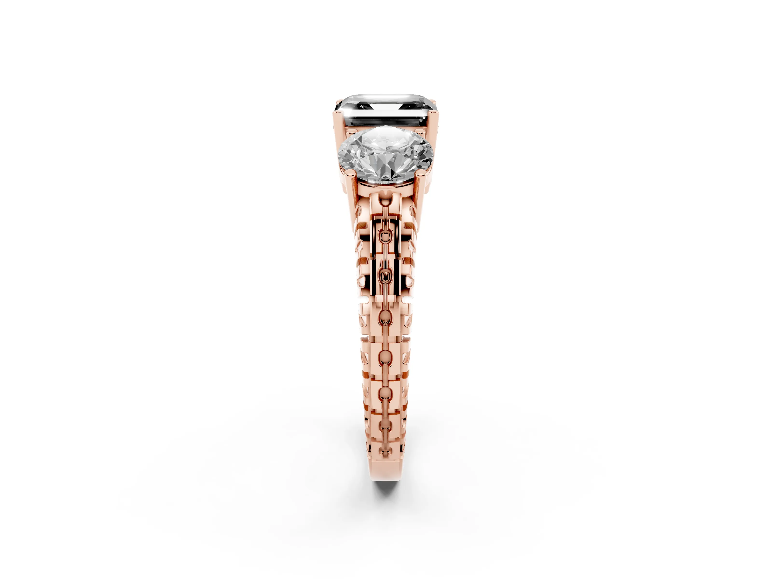Fancy Black Asscher Cut Diamond Three-Stone Ring Set in Rose gold with Channel-Set Accent Band