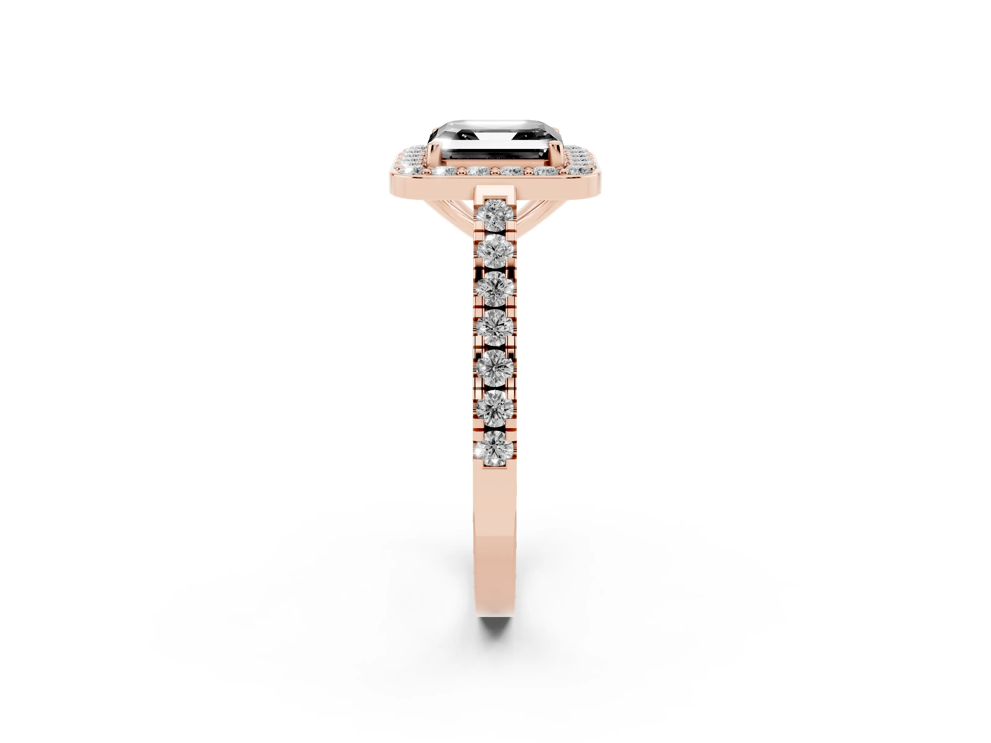 Fancy Black Asscher Cut Diamond Halo Ring Set in Rose gold with Round Pavé Split Shank and Prong Setting