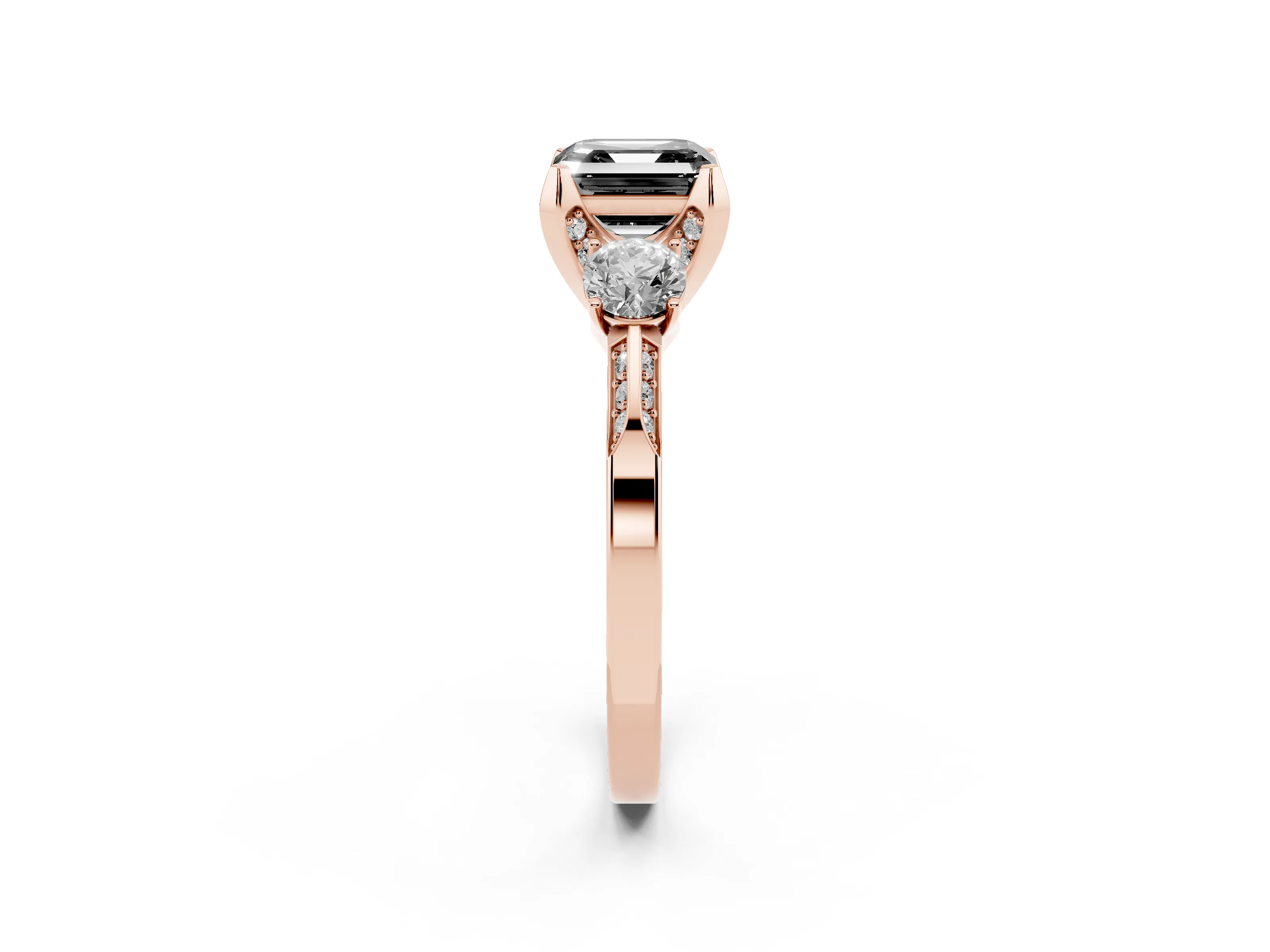 Fancy Black Asscher Cut Diamond Three-Stone Ring Set in Rose gold with Pavé Band and Smaller Side Stones
