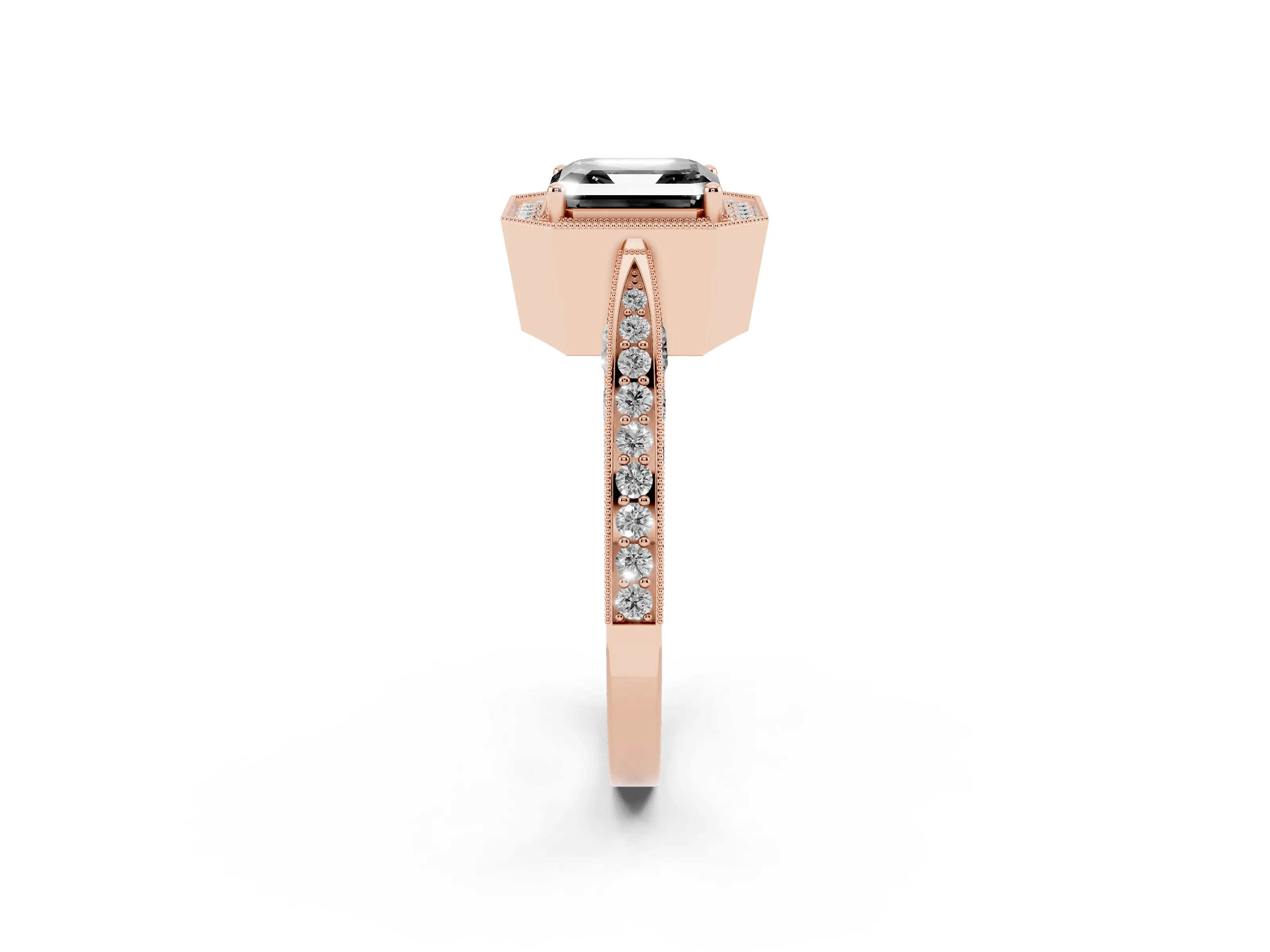 Fancy Black Asscher Cut Diamond Halo Engagement Ring Set in Rose gold with Accent Split Shank Band