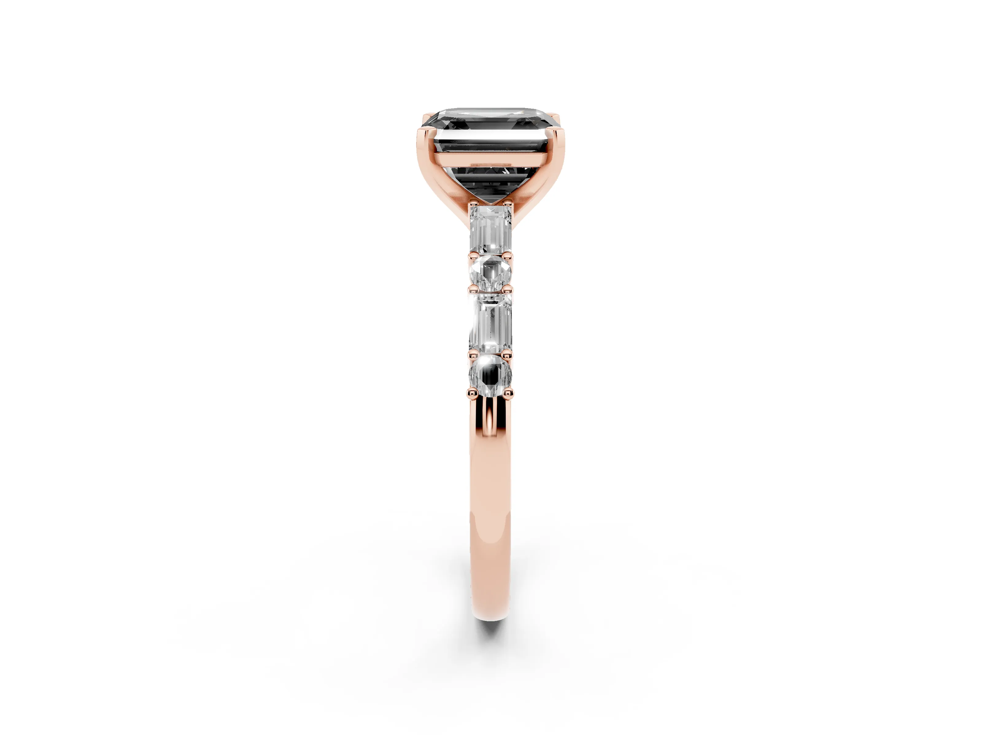 Fancy Black Asscher Cut Diamond Solitaire Set in Rose gold with Side Baguettes and Channel Set Band