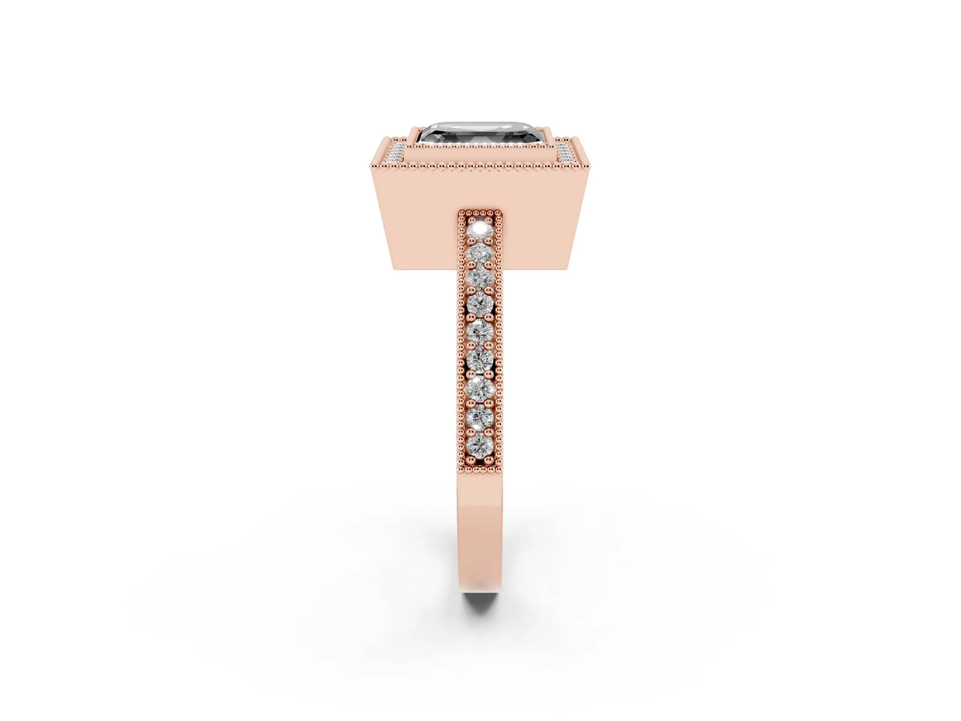 Fancy Black Asscher Cut Diamond Halo Engagement Ring Set in Rose gold with Pavé Band and Round Halo Stones