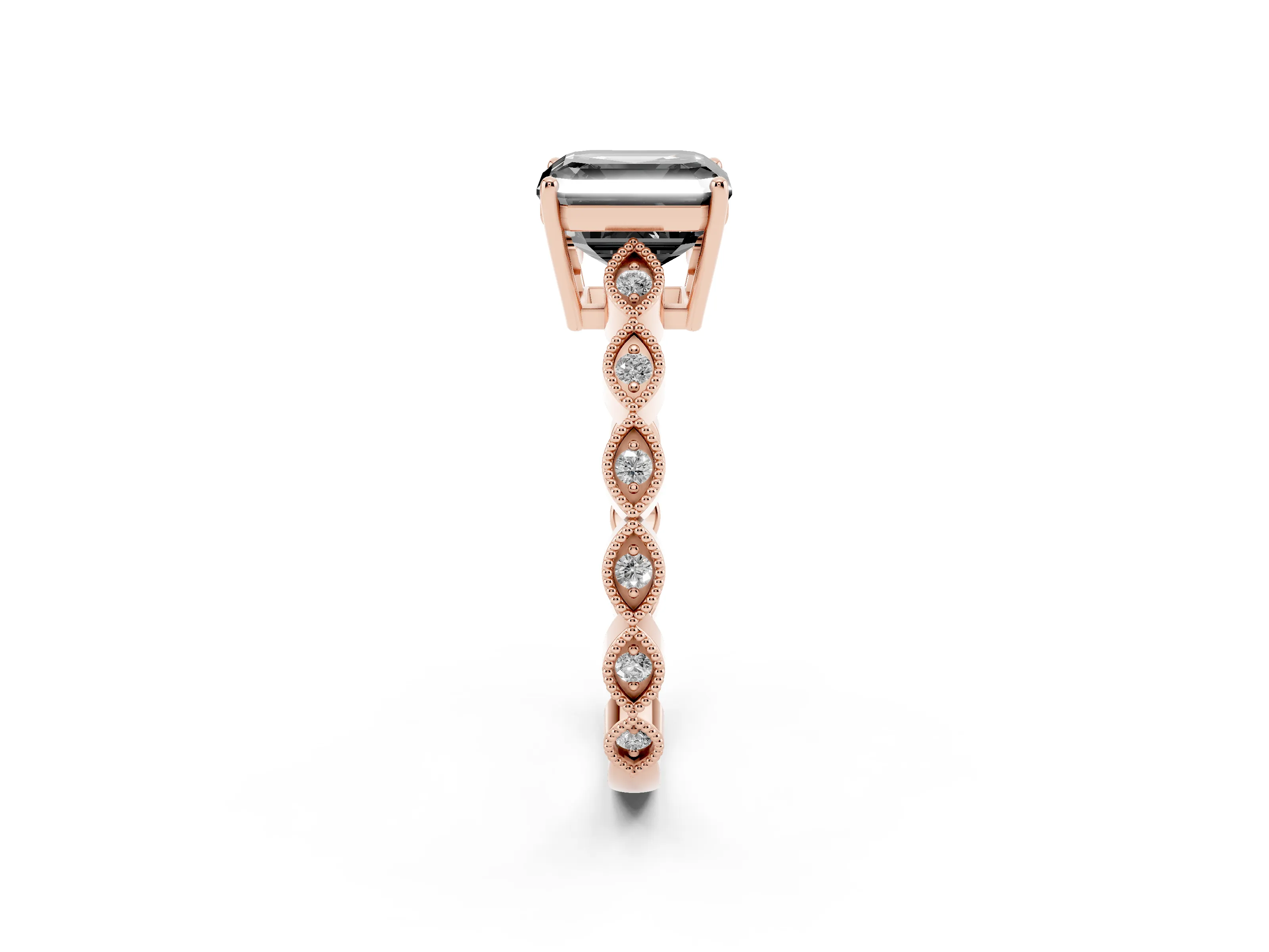 Fancy Black Asscher Cut Diamond Solitaire Ring Set in Rose gold with Infinity Twist Pavé Band