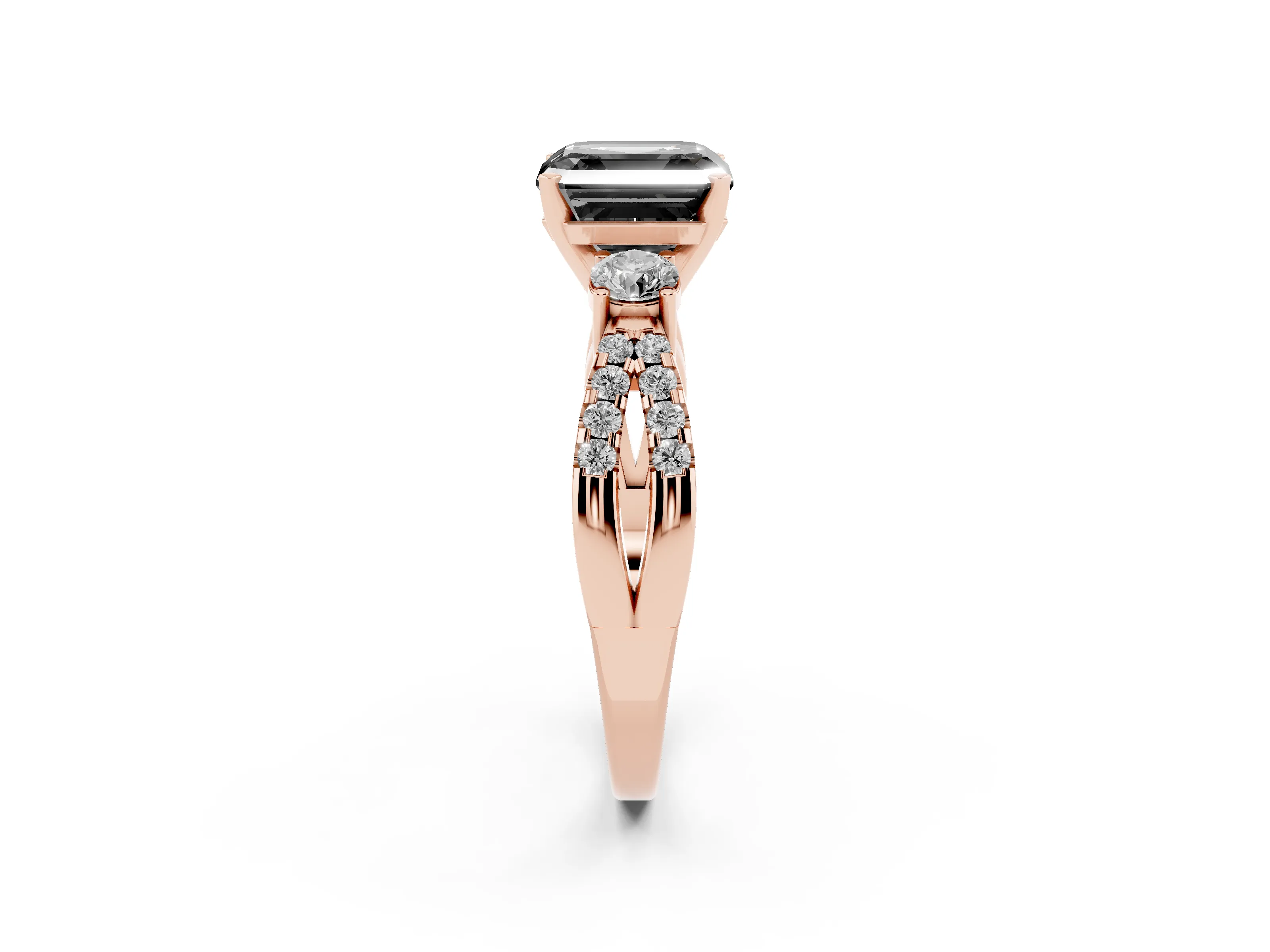 Fancy Black Asscher Cut Diamond Three-Stone Ring Set in Rose gold with Pavé Split Shank and Prong Setting