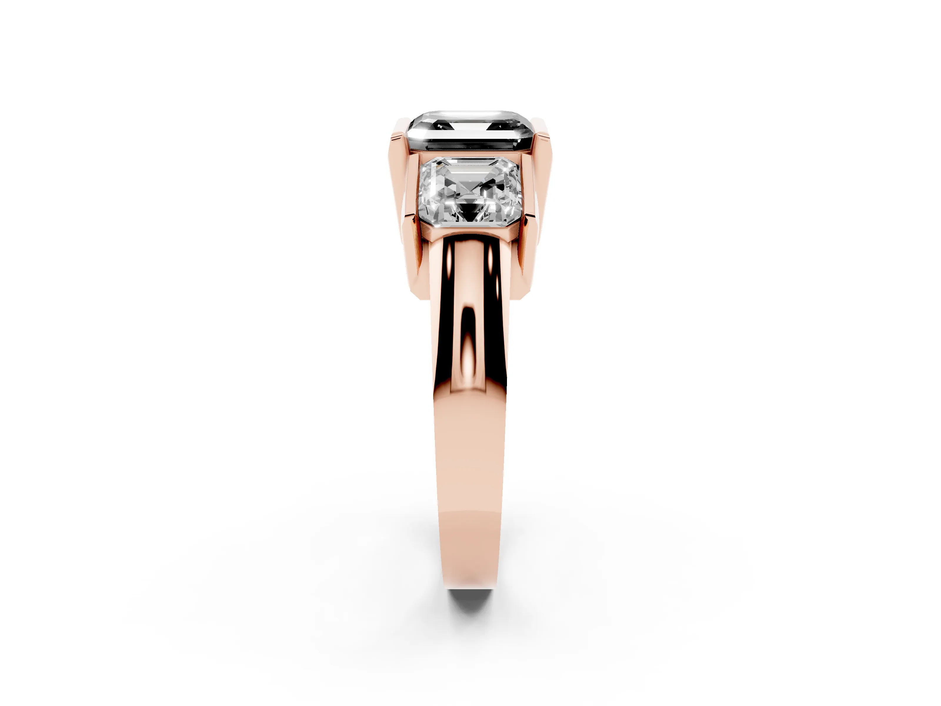 Fancy Black Asscher Cut Diamond Three-Stone Channel Set Ring Set in Rose gold with Smooth Polished Band