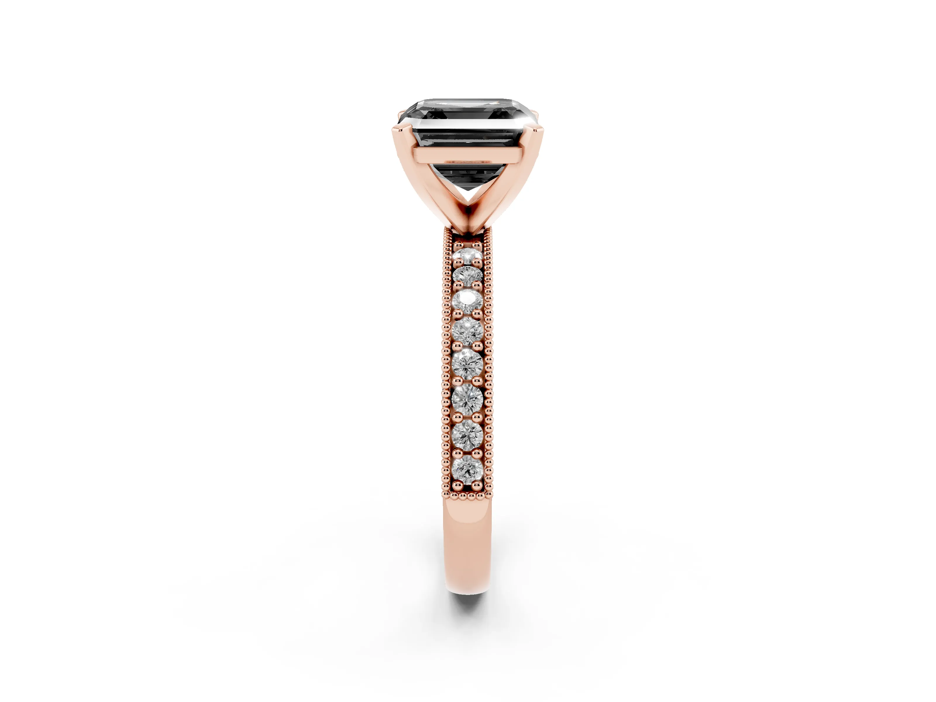 Fancy Black Asscher Cut Diamond Milgrain Pavé Engagement Ring Set in Rose gold with Prong Setting