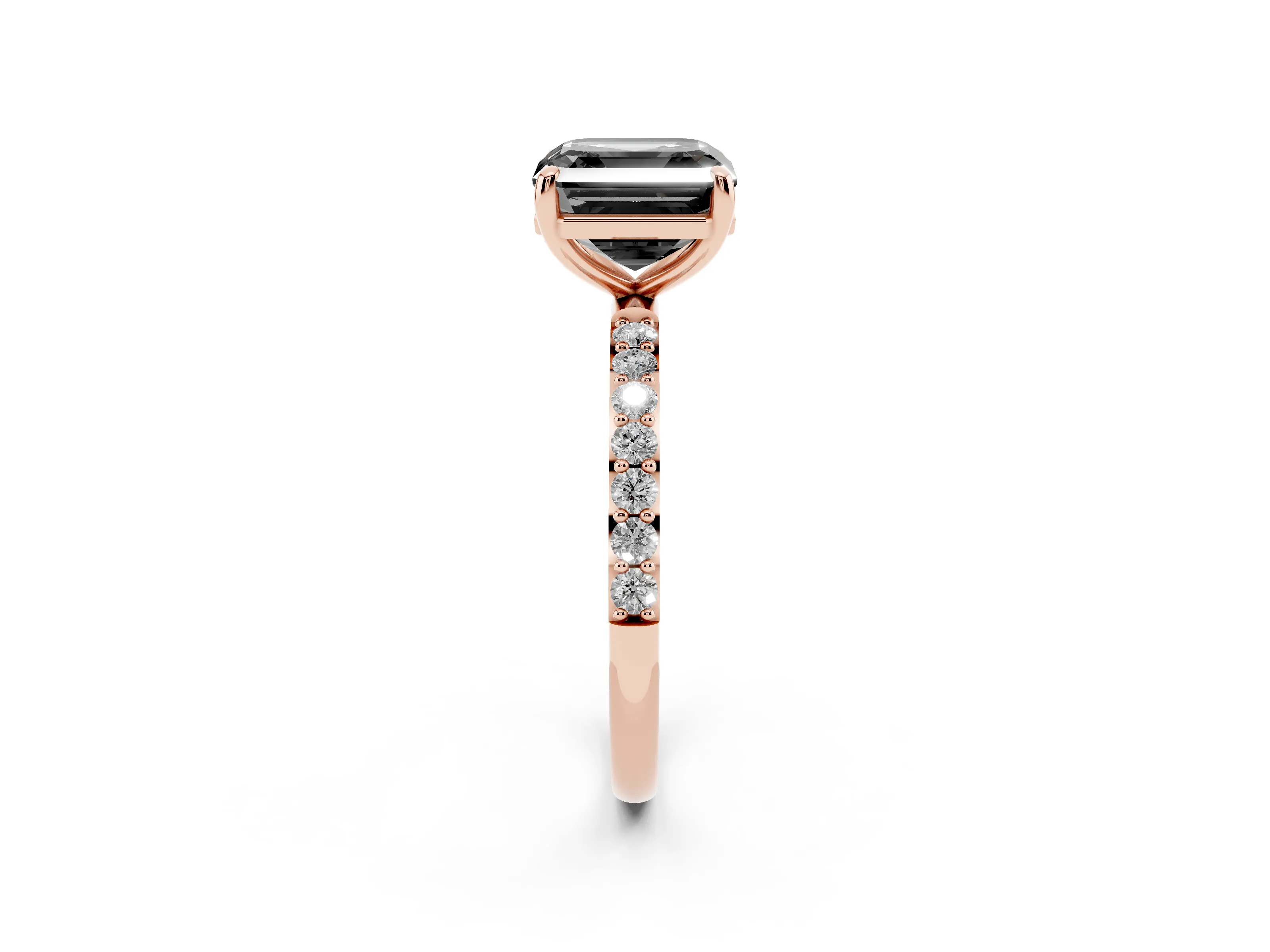 Fancy Black Asscher Cut Diamond Solitaire Ring Set in Rose gold with Round Pavé Band and Prong Setting