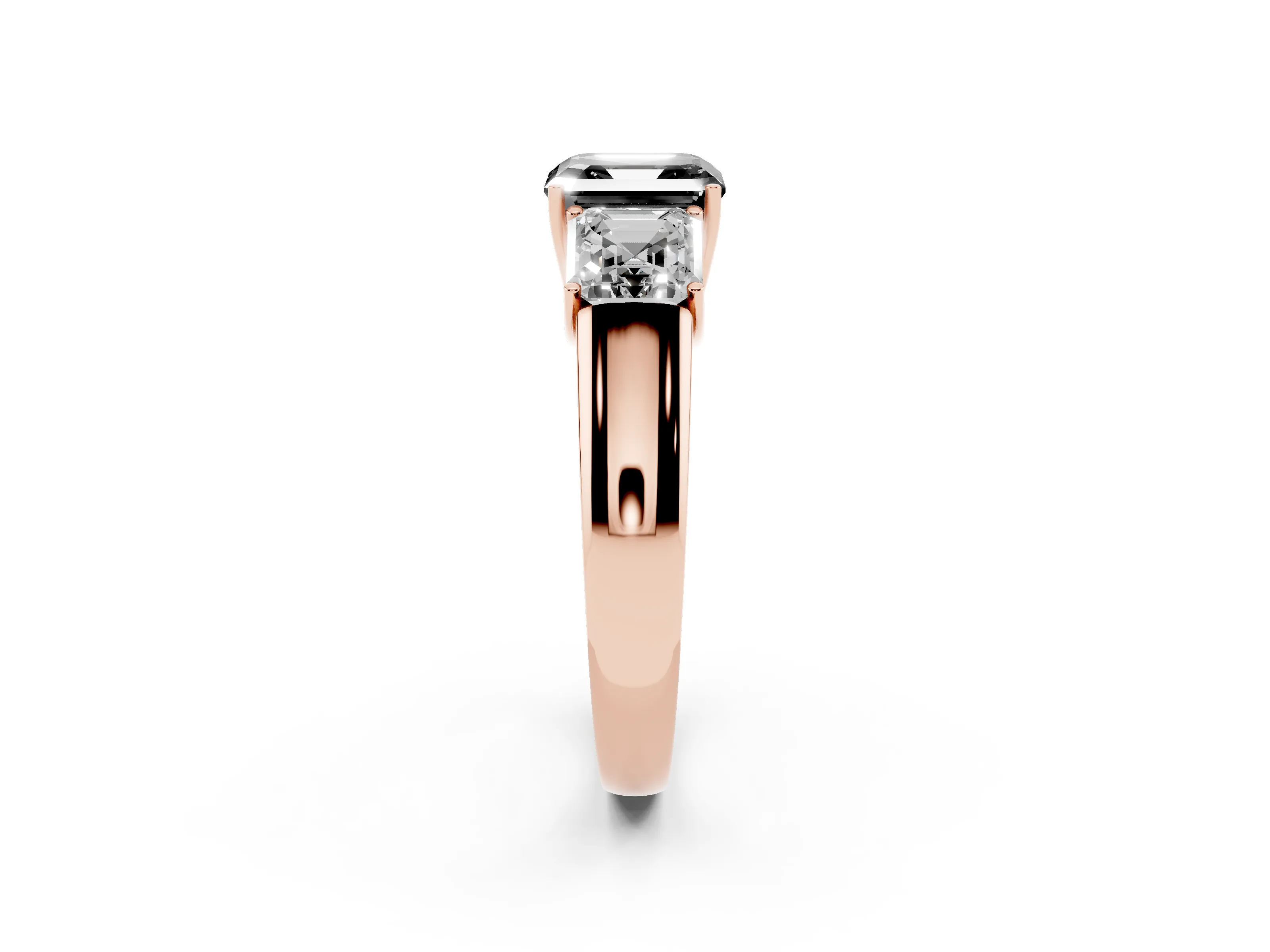 Fancy Black Three-Stone Asscher Cut Diamond Ring Set in Rose gold with Matching Prong Settings and Plain Band