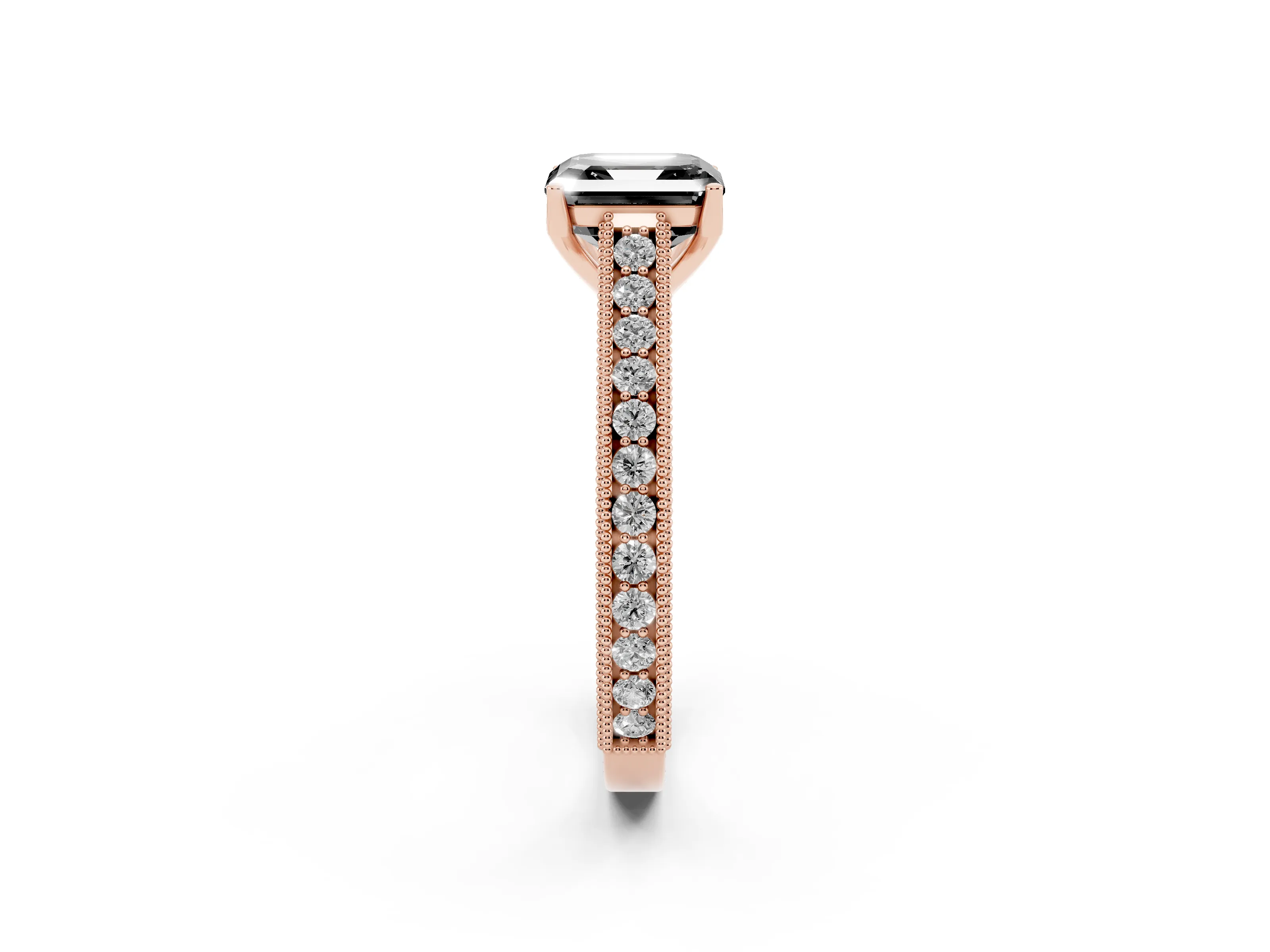 Fancy Black Asscher Cut Diamond Milgrain Pavé Band Solitaire Ring Set in Rose gold with Prong Setting