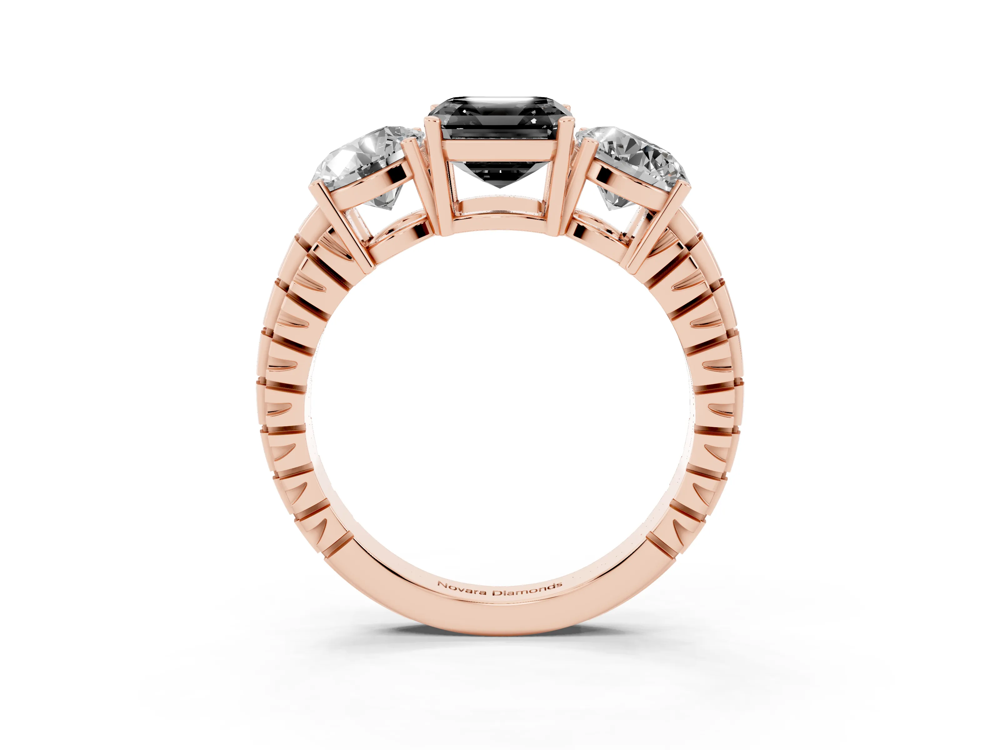 Fancy Black Asscher Cut Diamond Three-Stone Ring Set in Rose gold with Channel-Set Accent Band