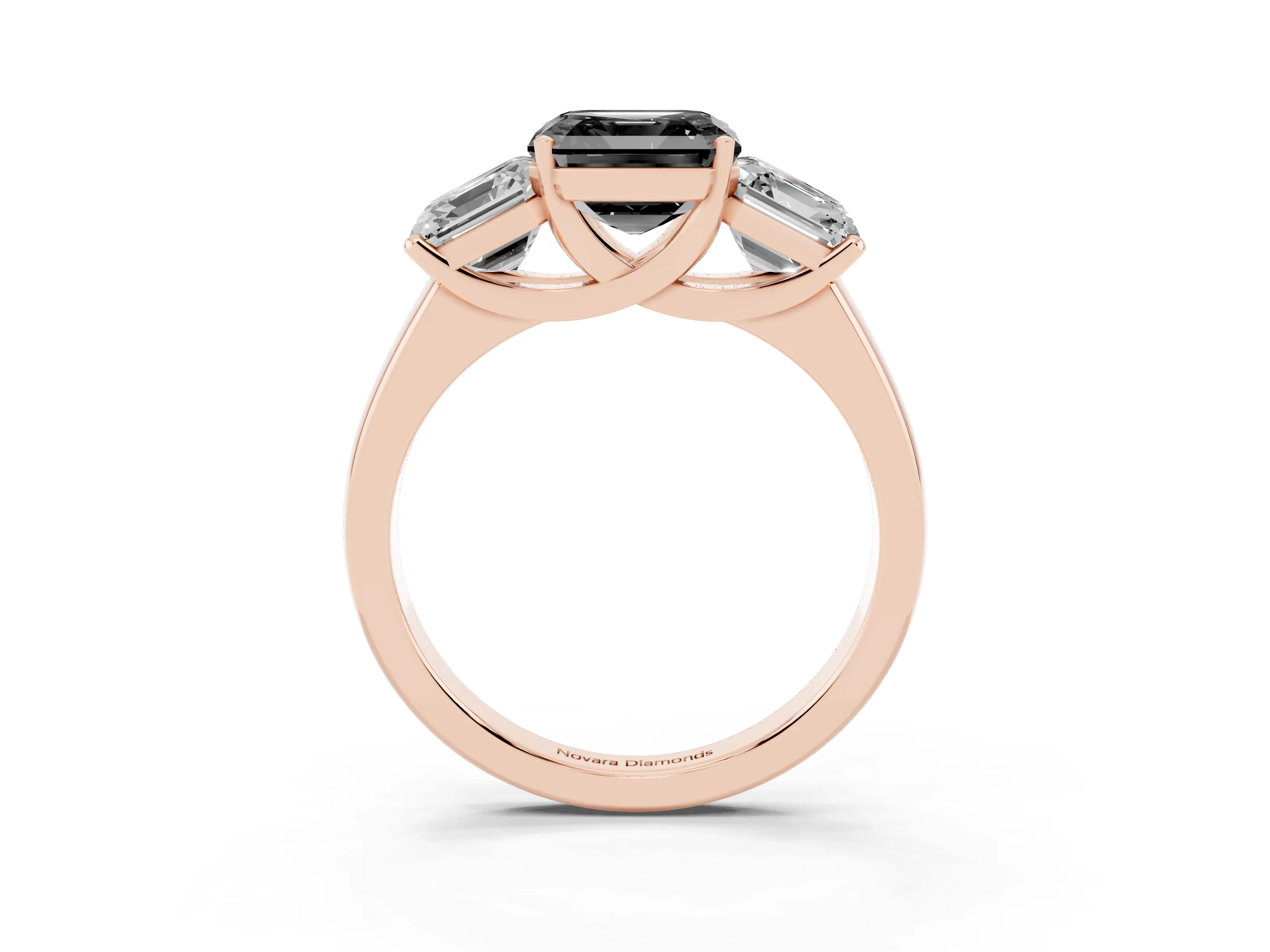 Fancy Black Asscher Cut Diamond Three-Stone Ring Set in Rose gold with Classic Prong Setting and Plain Band