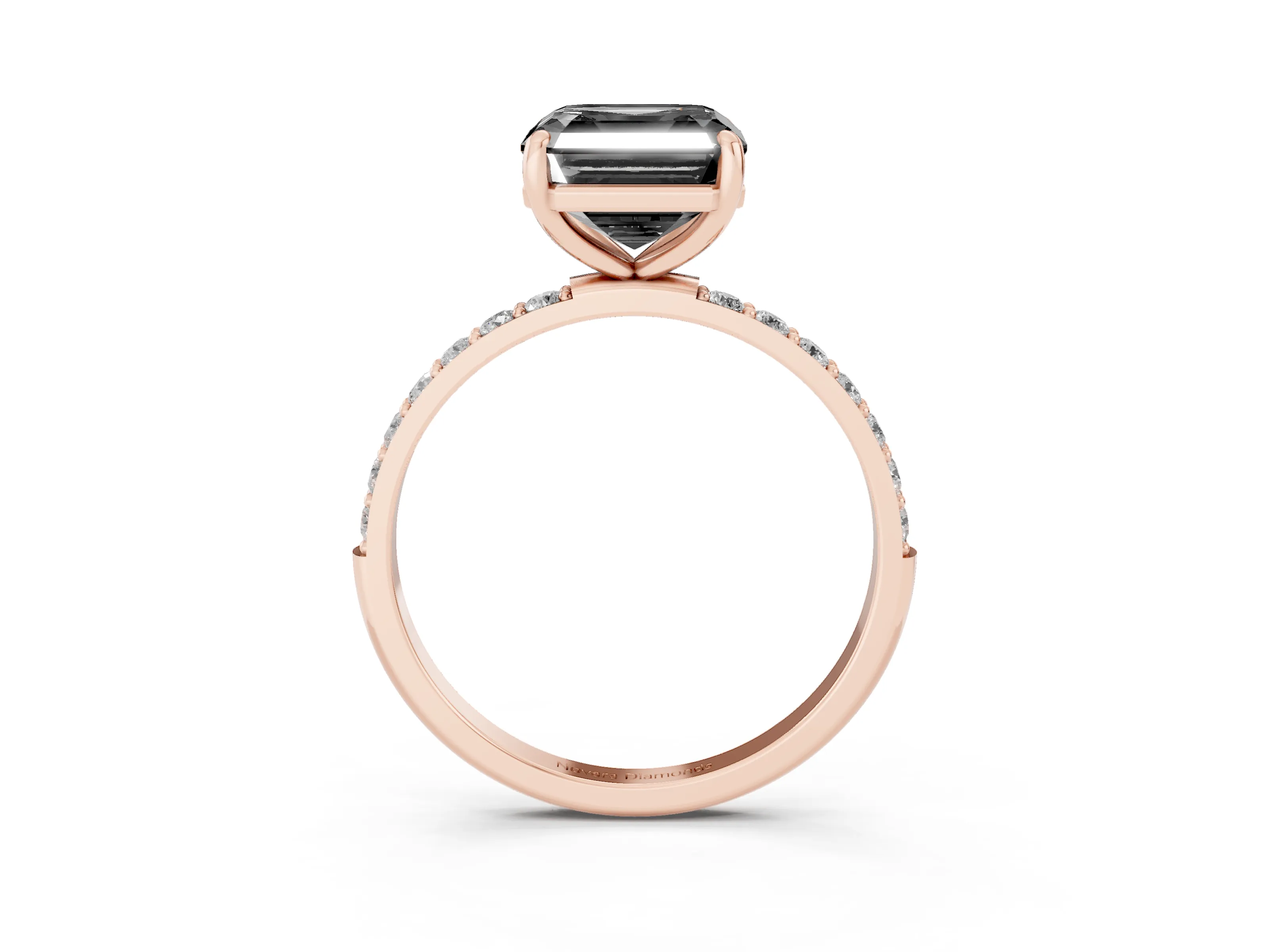 Fancy Black Asscher Cut Diamond Solitaire Ring Set in Rose gold with Round Pavé Band and Prong Setting