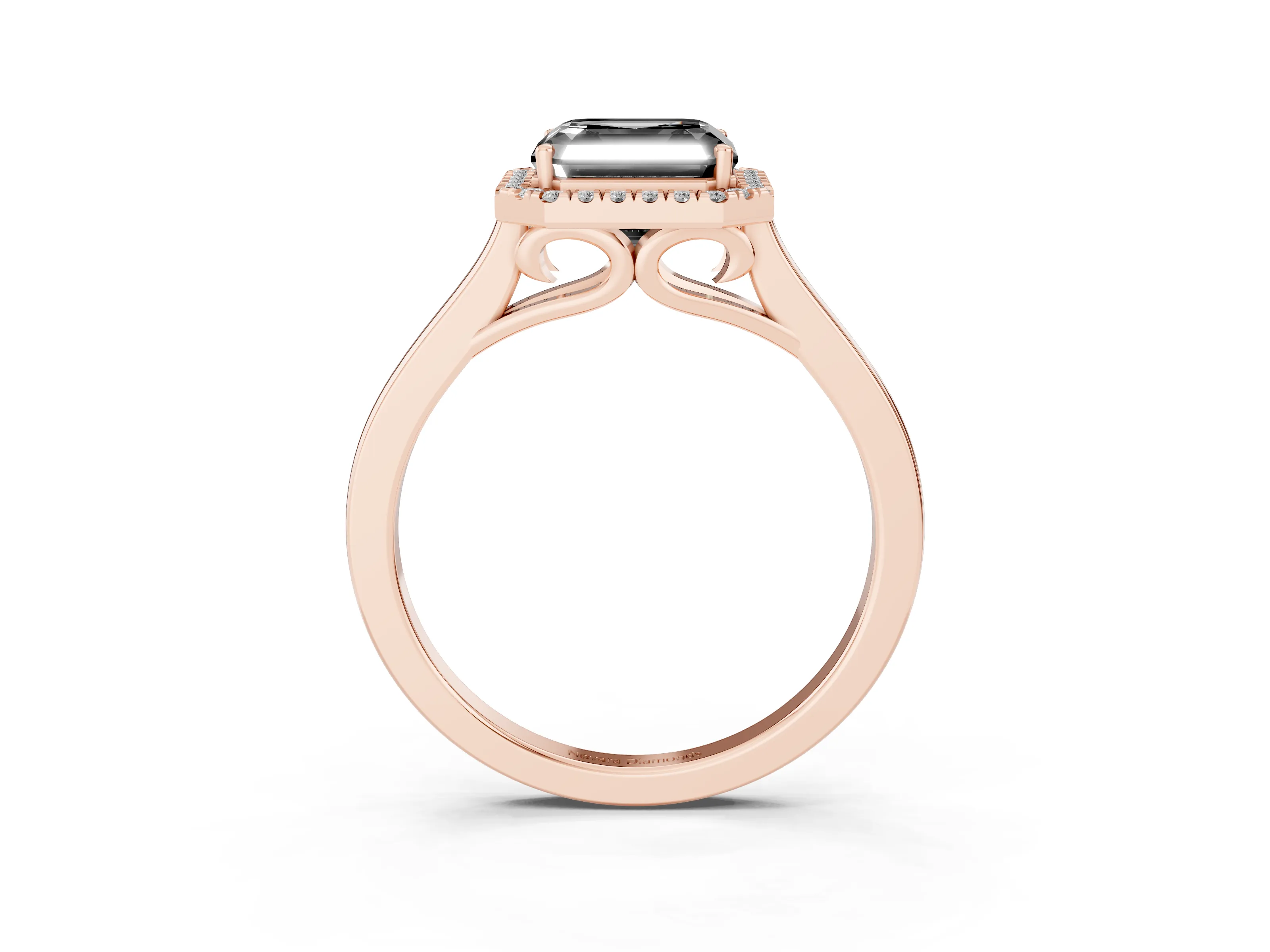Fancy Black Asscher Cut Halo Round Diamond Solitaire Ring Set in Rose gold with Pavé Band and Prong Setting