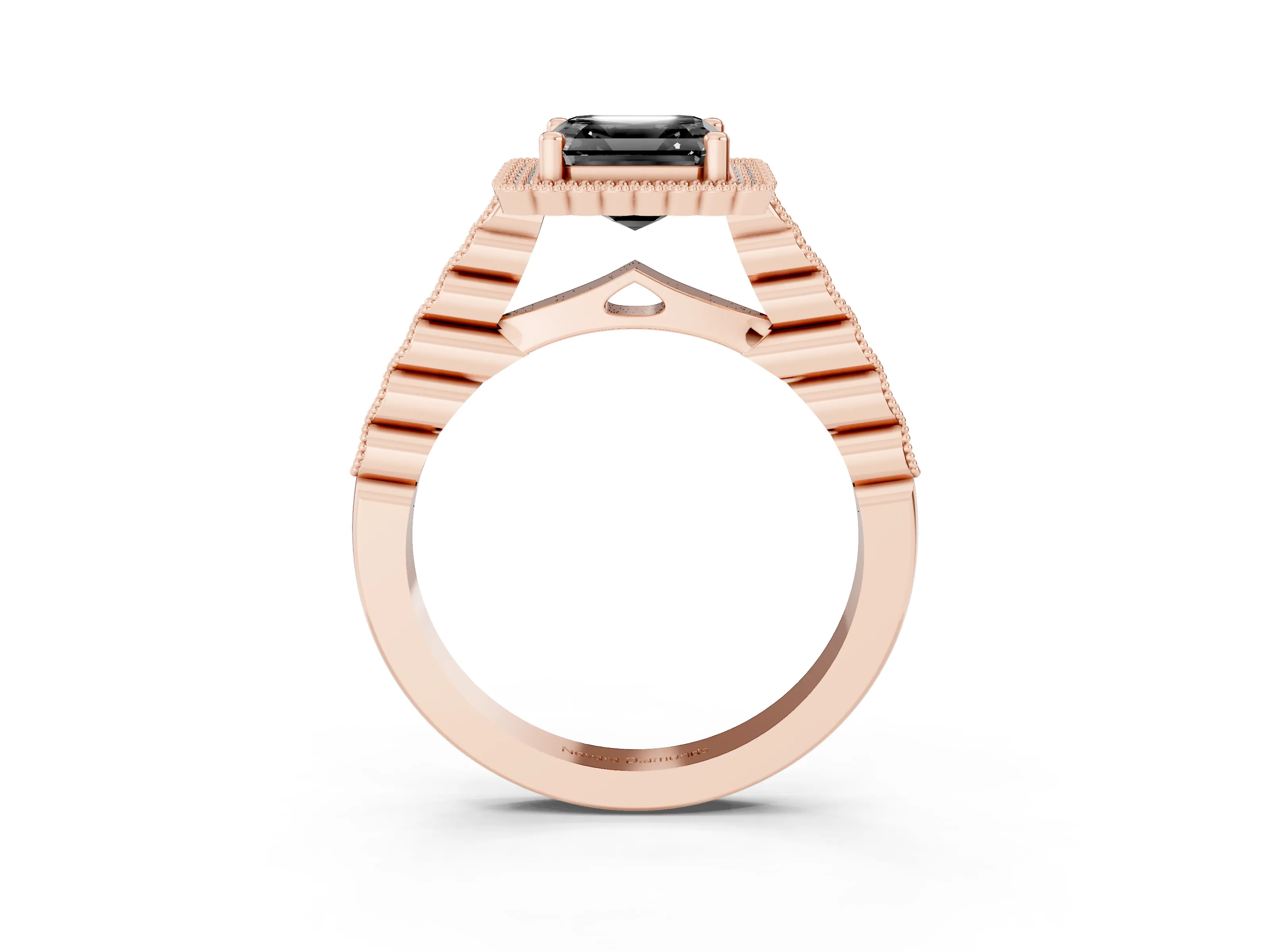 Fancy Black Asscher Cut Diamond Halo Ring Set in Rose gold with Pavé Milgrain Band