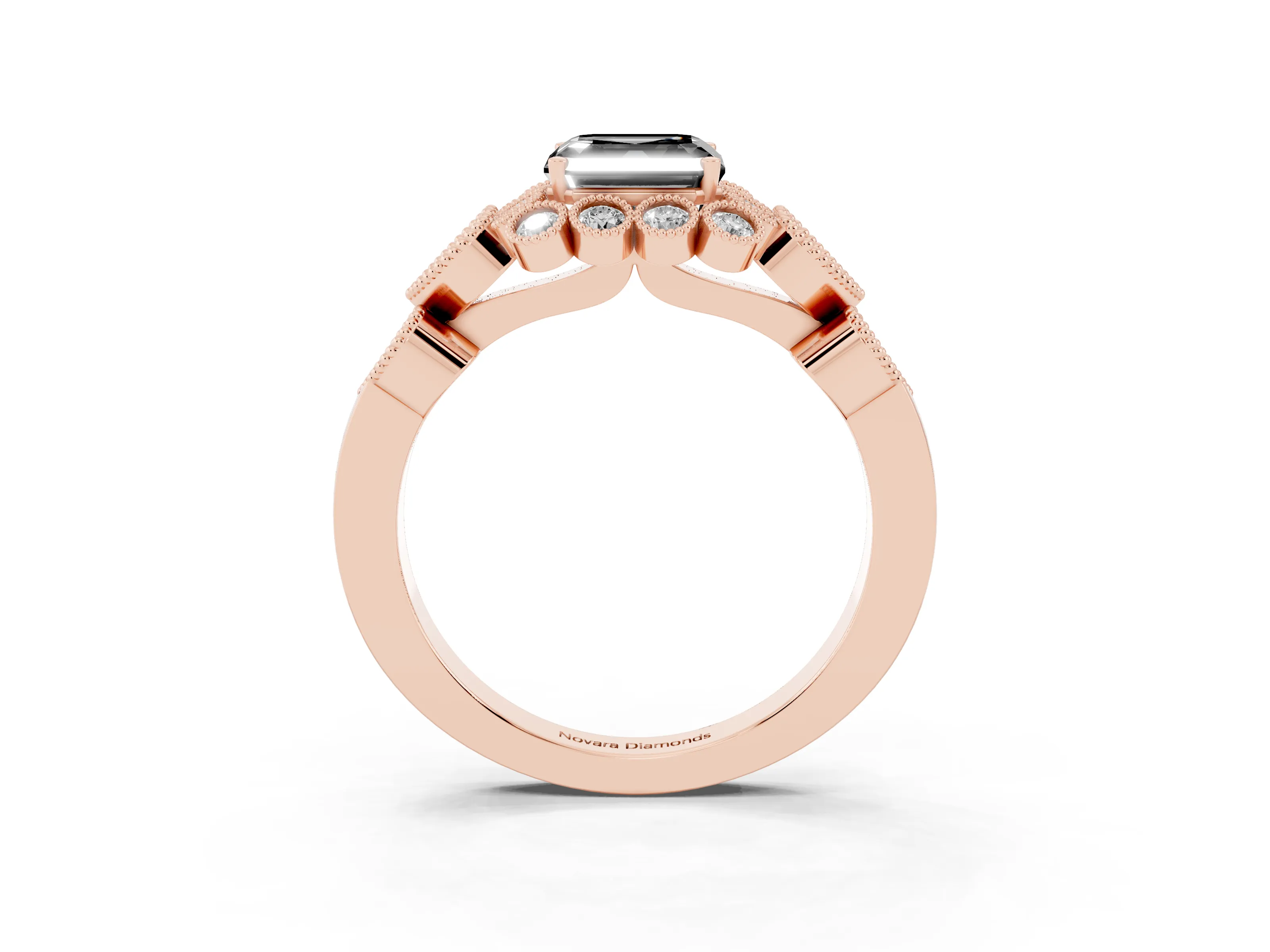Fancy Black Asscher Cut Diamond Solitaire Ring Set in Rose gold with Milgrain Pavé Heart Band